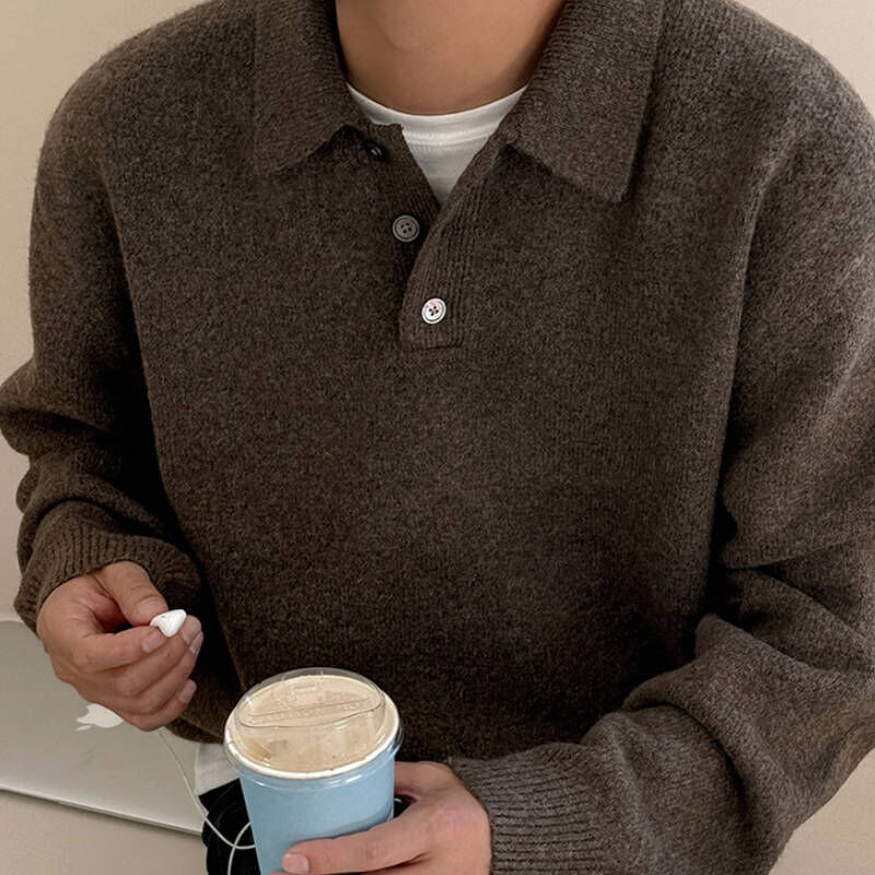 2025韓版流行老錢風翻領厚針織長袖毛衣