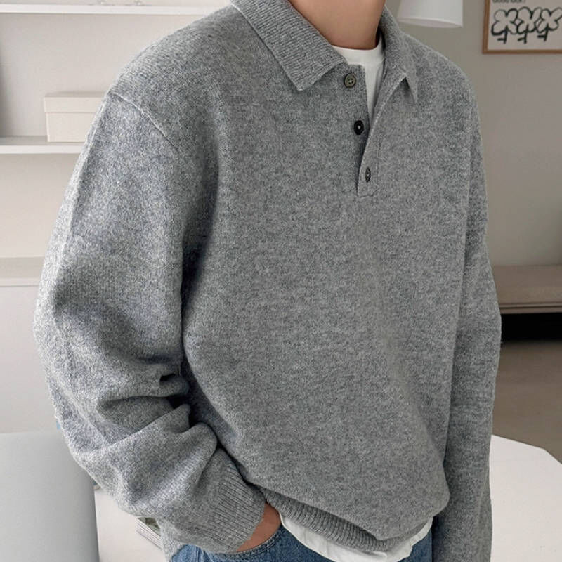 2025韓版流行老錢風翻領厚針織長袖毛衣