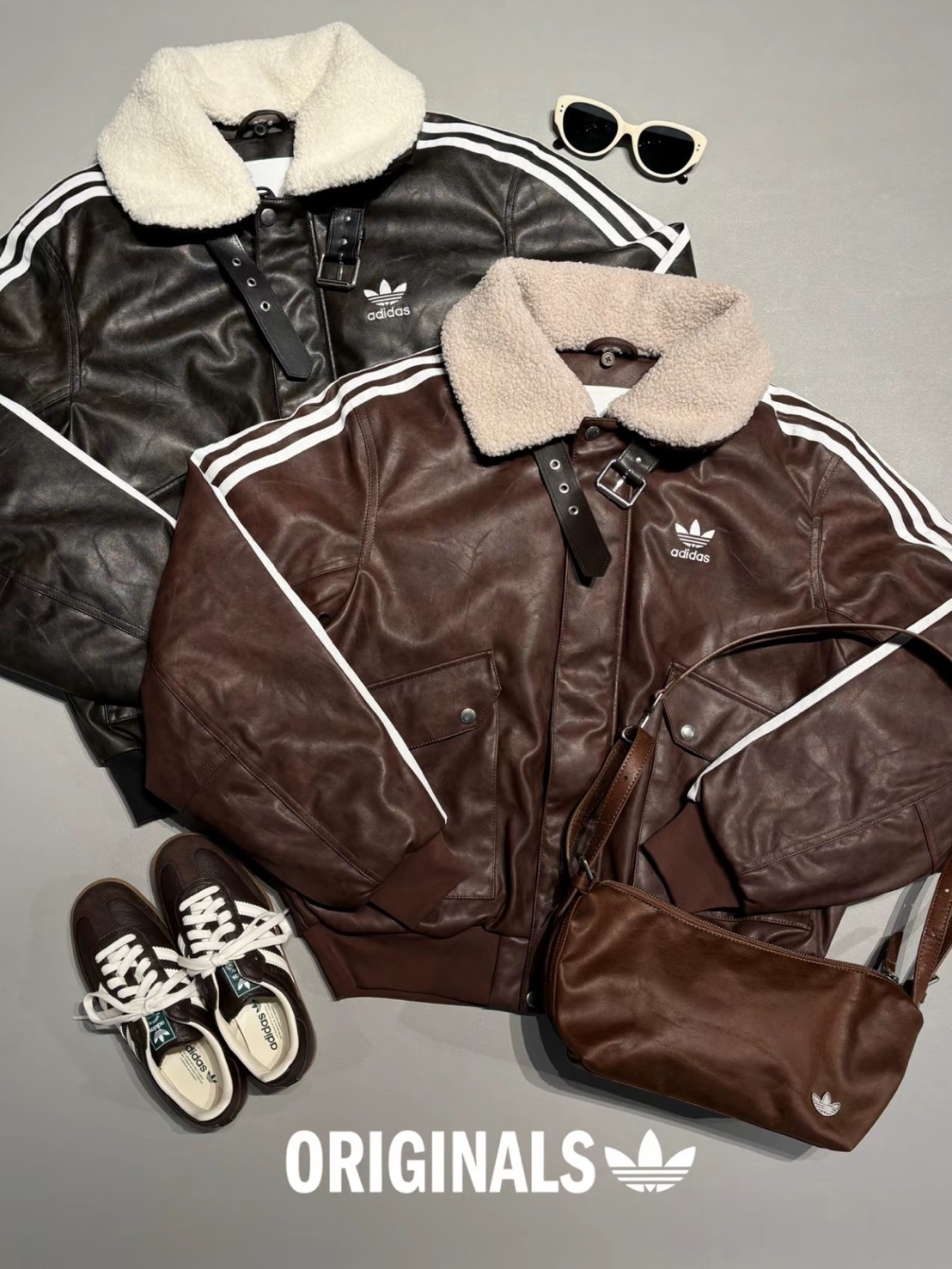 ADIDAS 復古 皮夾克 羊羔毛領