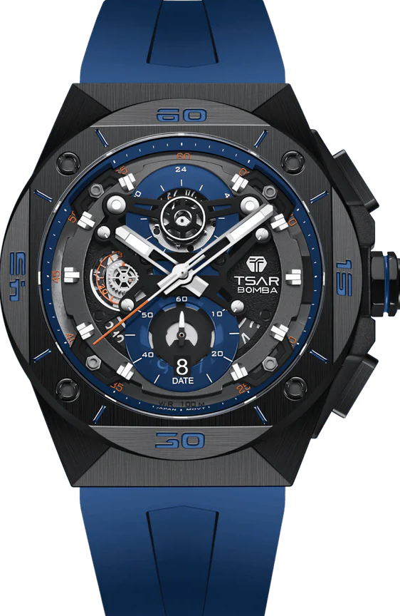 萬年鐘錶 - TSAR BOMBA 機械公爵  石英透視面盤黑色矽膠錶帶男錶 TB8801Q-03 錶徑 46MM