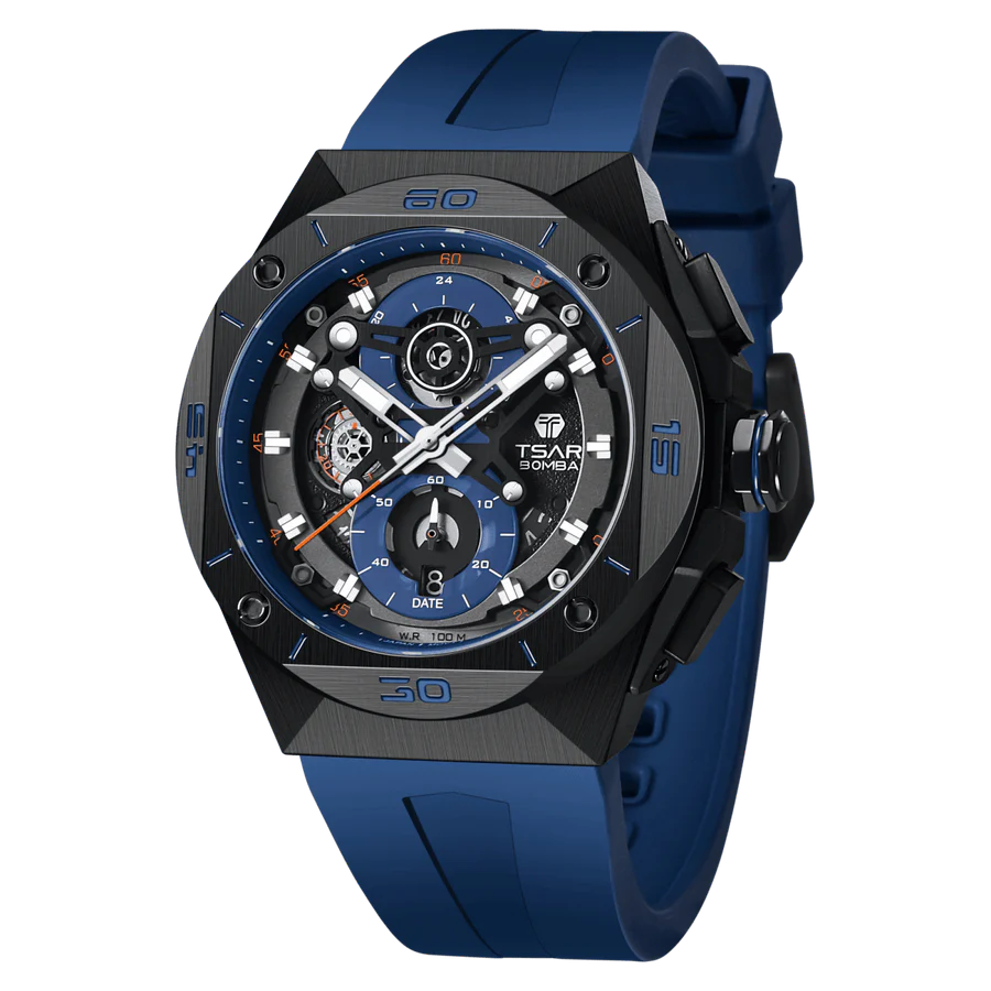 萬年鐘錶 - TSAR BOMBA 機械公爵  石英透視面盤黑色矽膠錶帶男錶 TB8801Q-03 錶徑 46MM