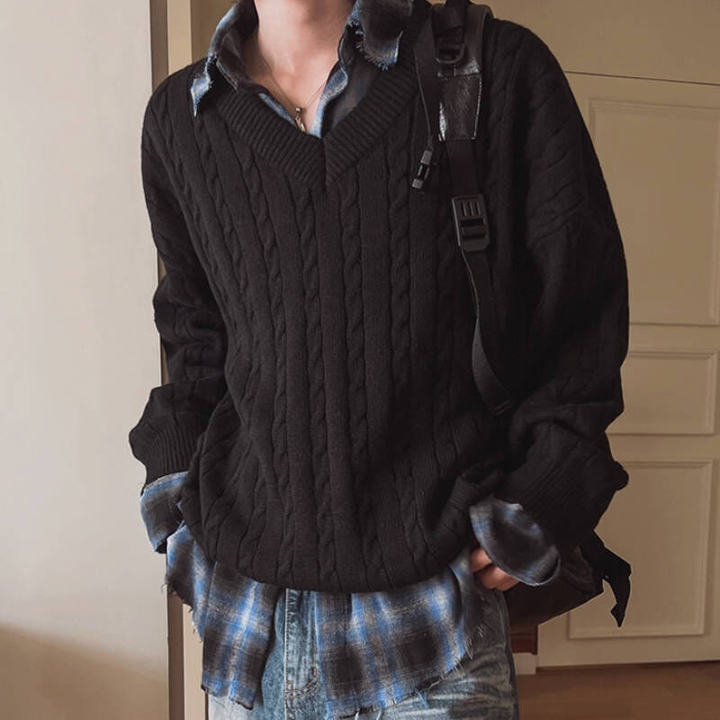 韓系學院風寬鬆麻花針織Ｖ領毛衣