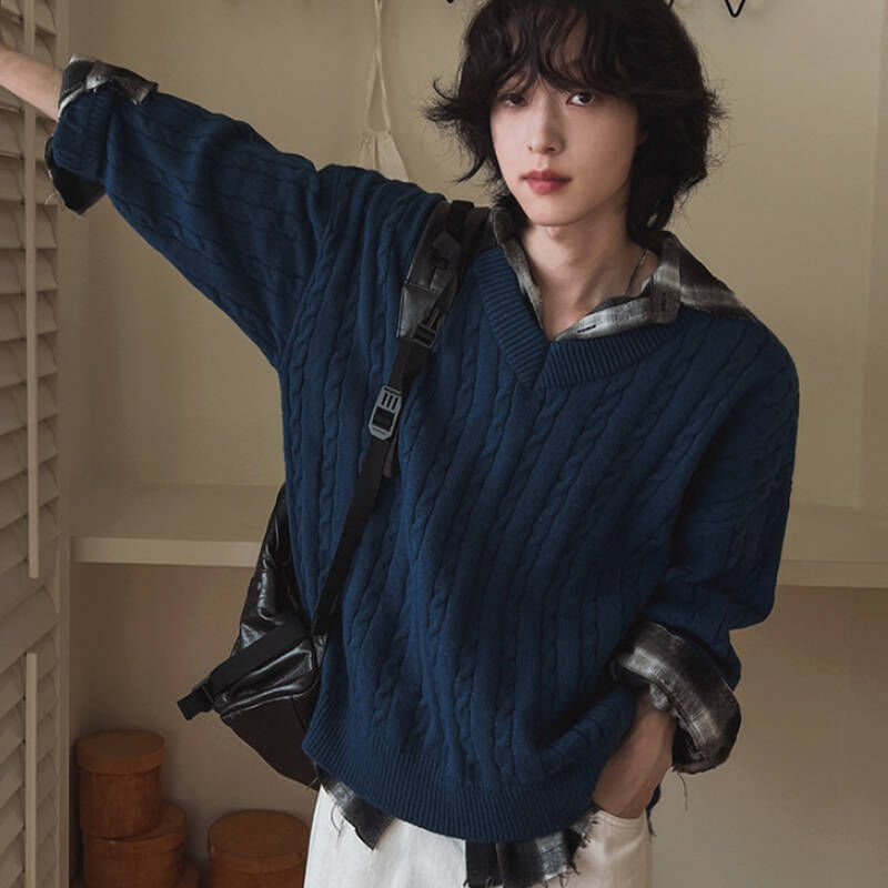 韓系學院風寬鬆麻花針織Ｖ領毛衣