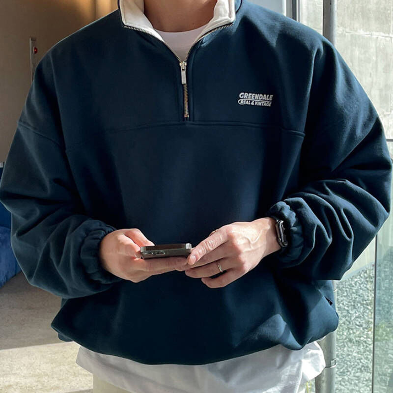 韓版稀有藏青色復古運動半拉鍊衛衣