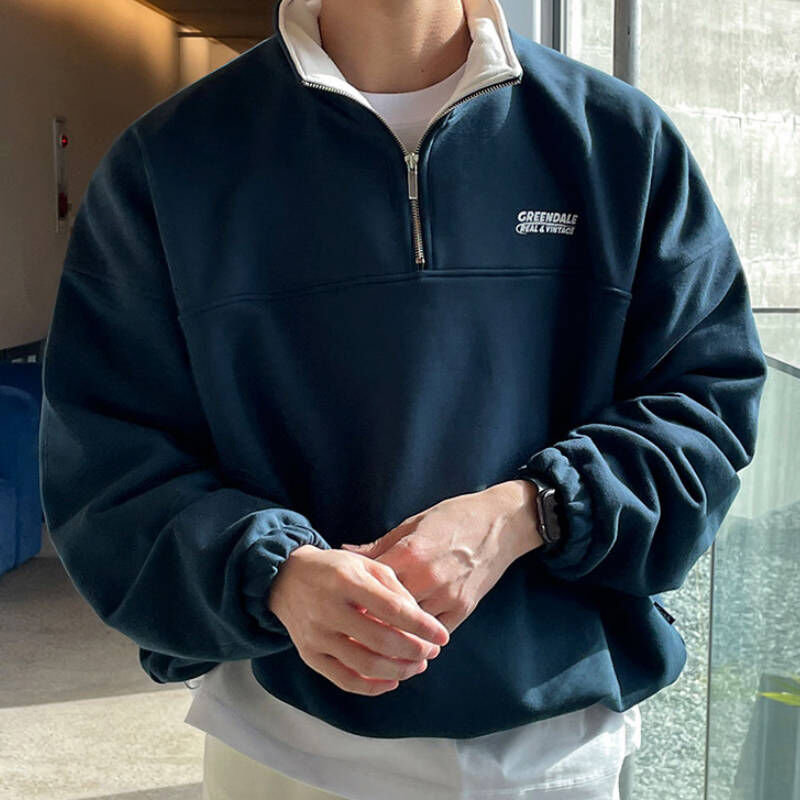 韓版稀有藏青色復古運動半拉鍊衛衣