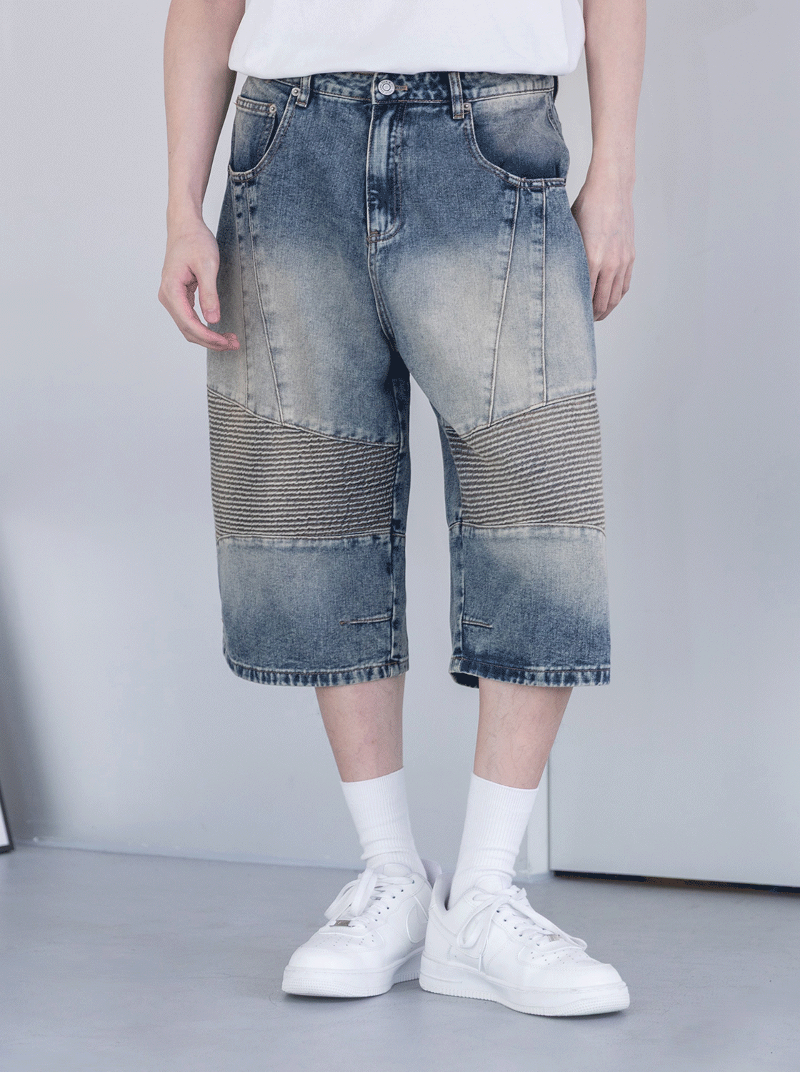 剪接線造型八分牛仔短褲