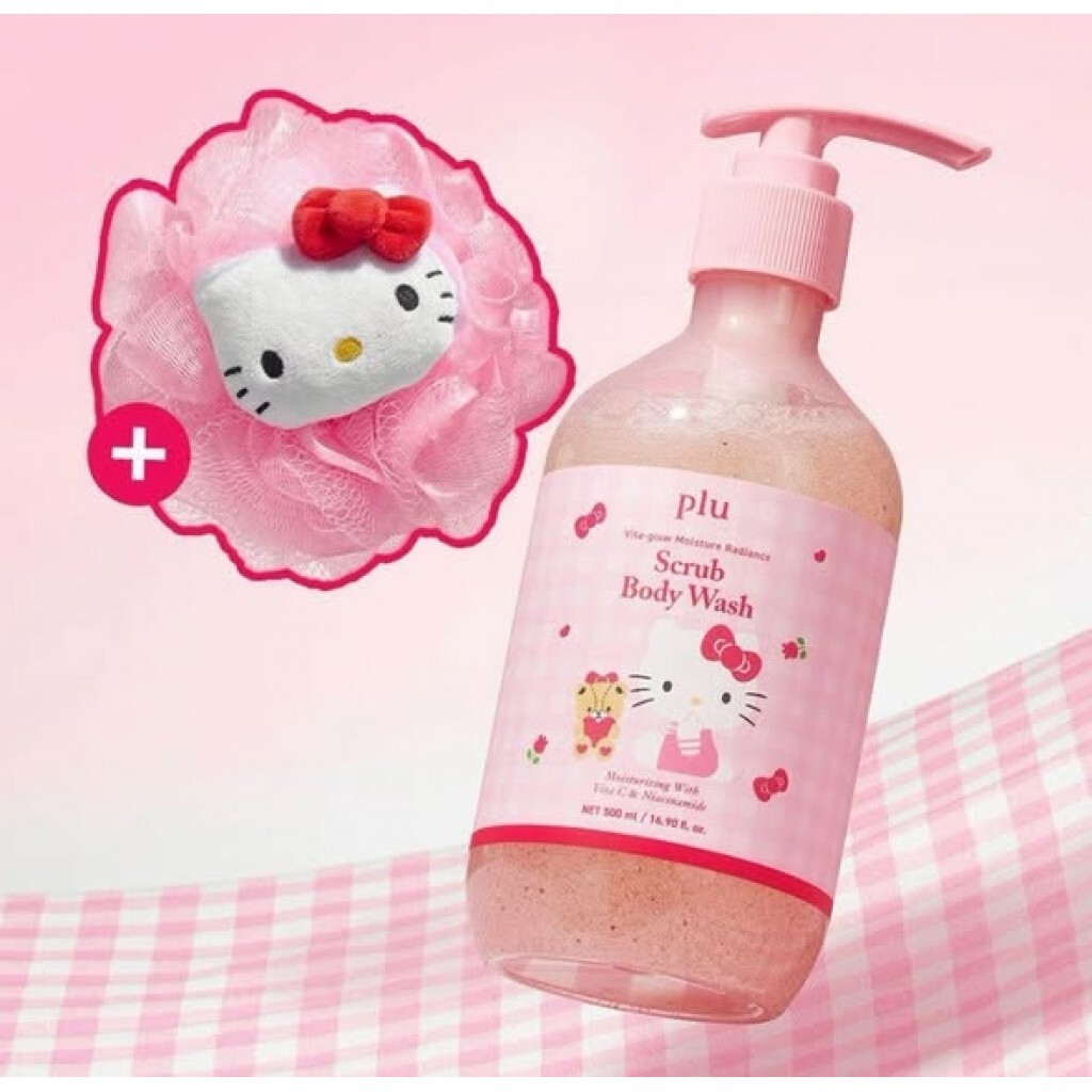 (預購商品)  韓國 PLU x HELLO KITTY 維他命水潤磨砂去角質沐浴露-500ml #甜玫瑰(贈沐浴球)