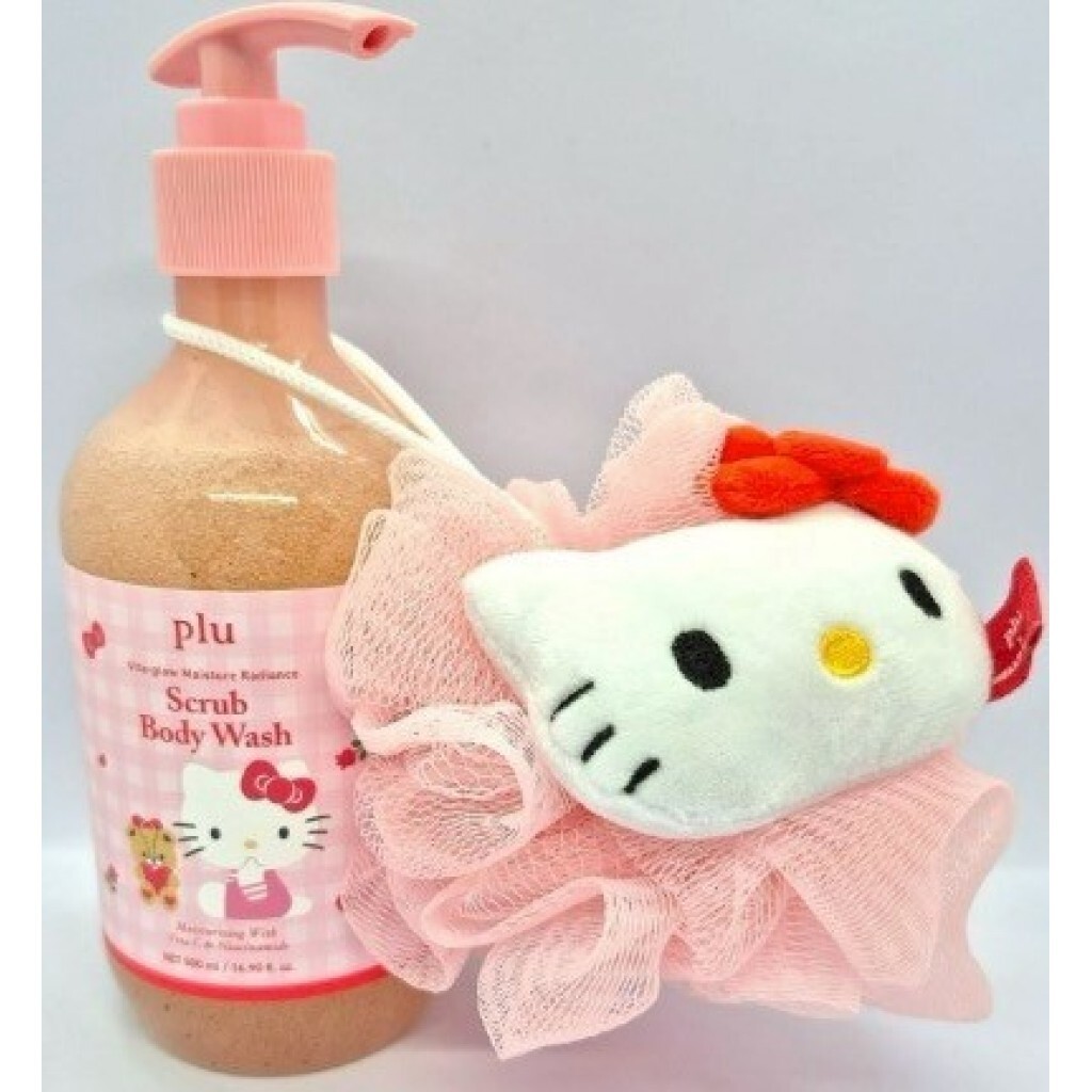 (預購商品)  韓國 PLU x HELLO KITTY 維他命水潤磨砂去角質沐浴露-500ml #甜玫瑰(贈沐浴球)