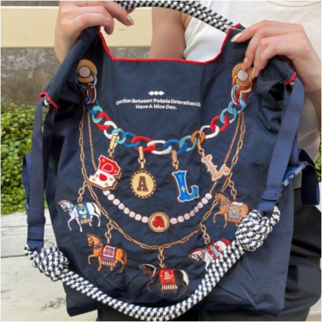 Ball＆Chain 刺繡環保購物袋 M號 - 深藍 (30106797)