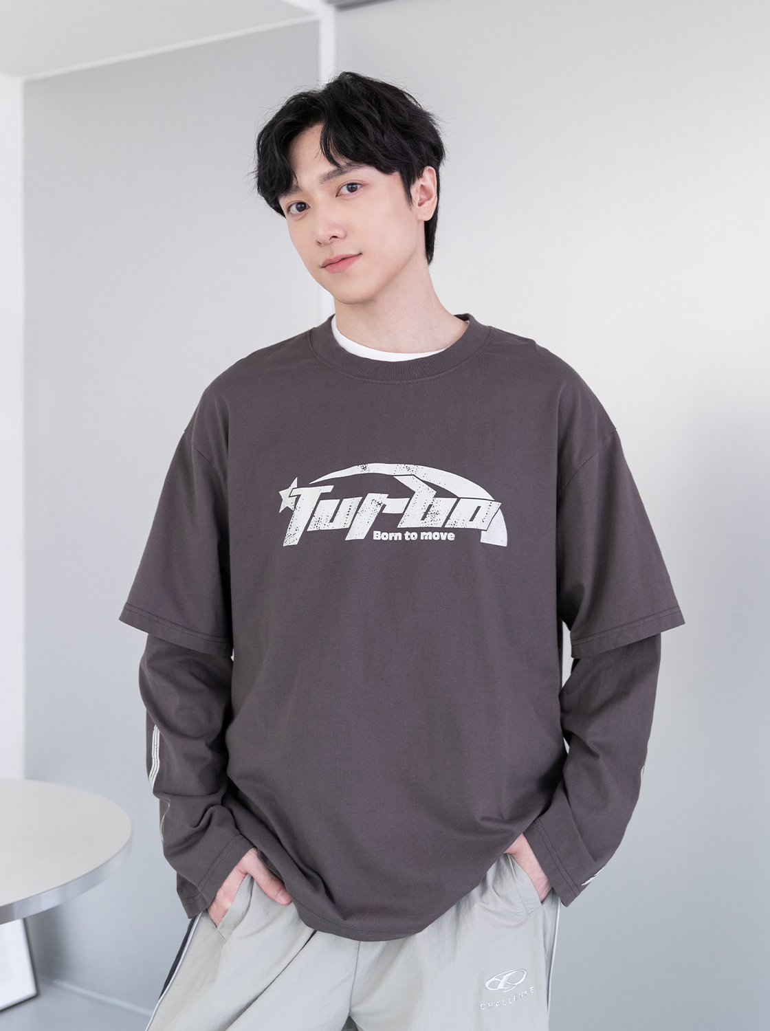 水洗印花假兩件長TEE