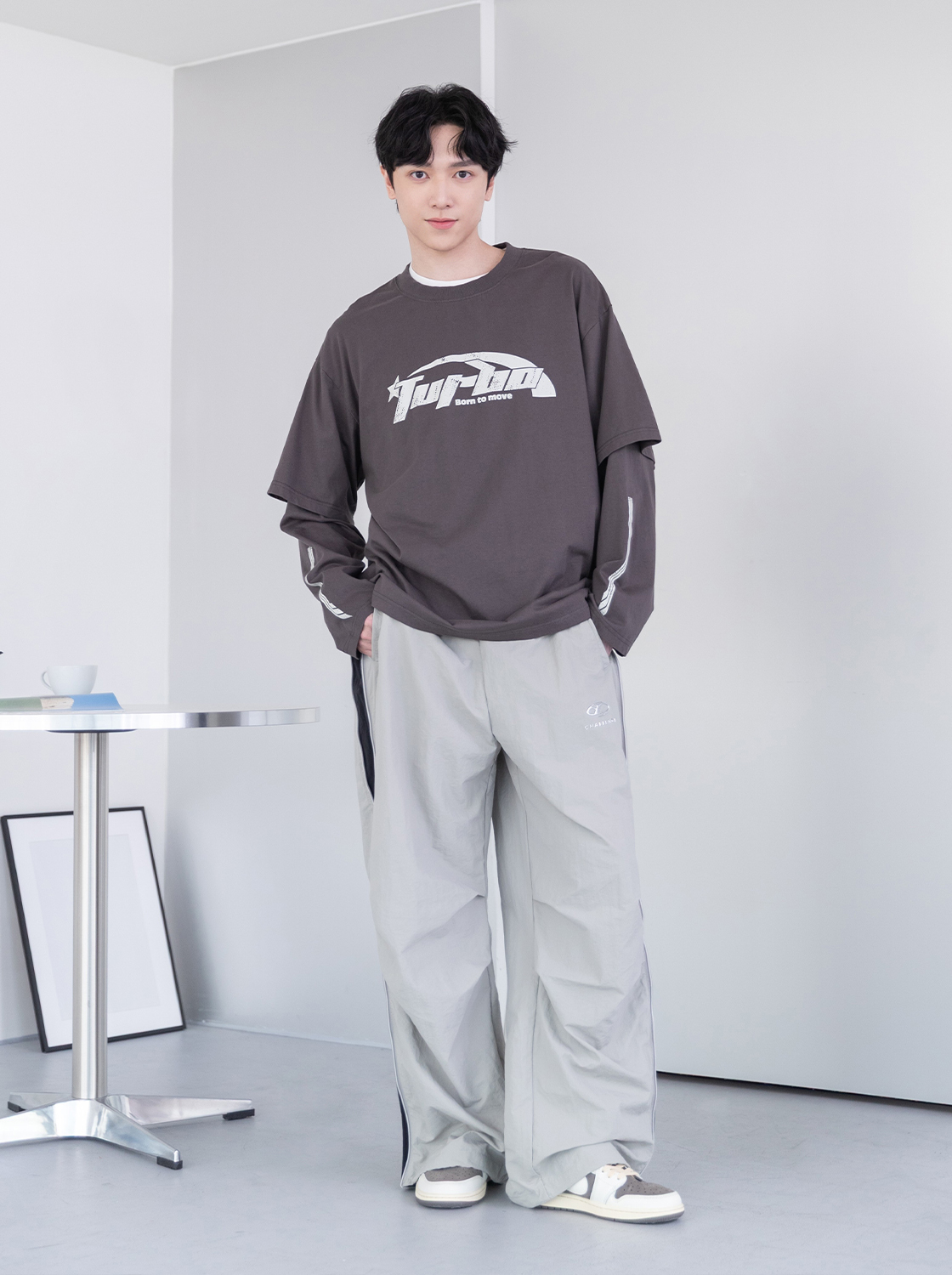 水洗印花假兩件長TEE