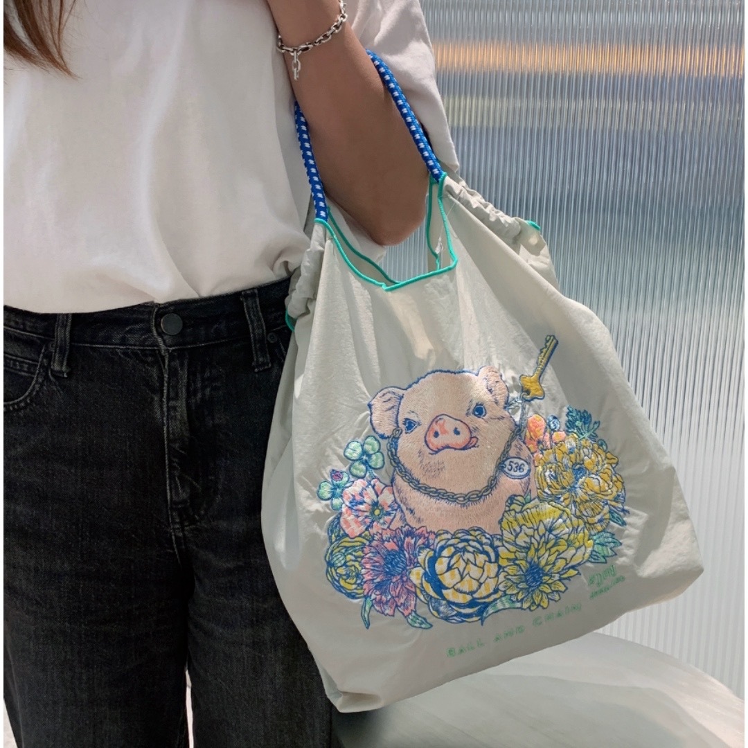 Ball＆Chain 刺繡環保購物袋 M號 - 淺灰 (31301684)