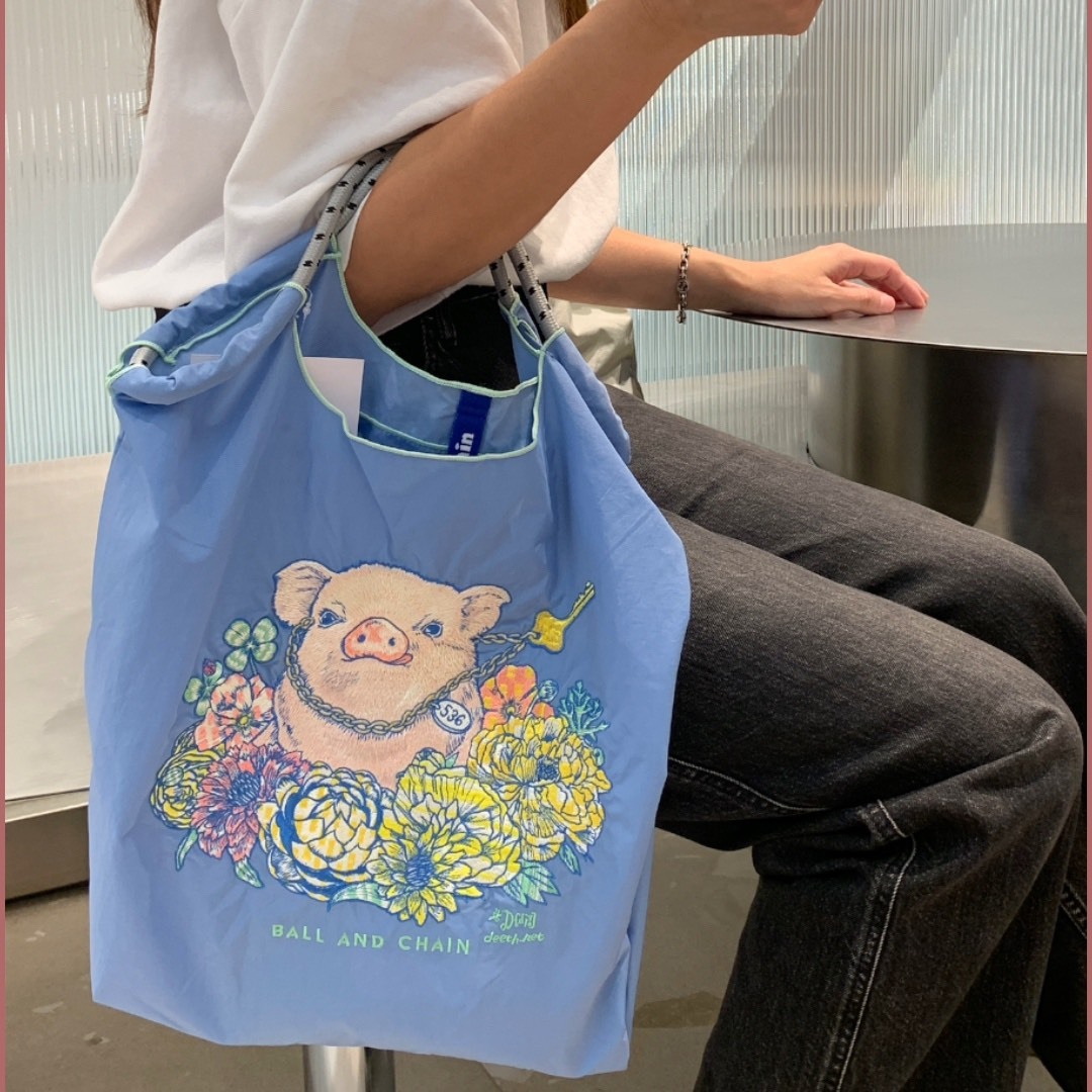 Ball＆Chain 刺繡環保購物袋 M號 - 藍 (31301674)