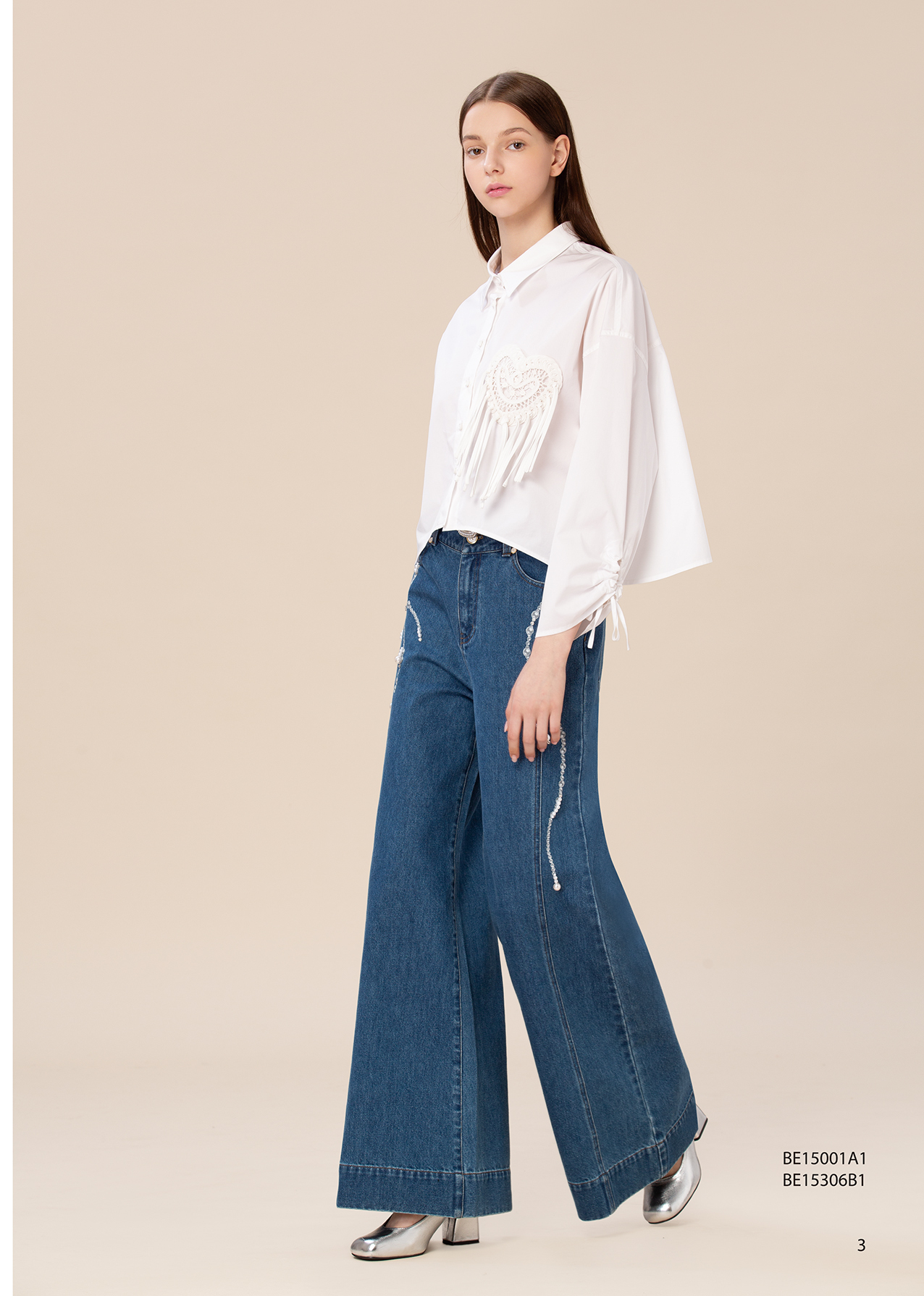 BE15306B1 藍光流影珍珠流蘇牛仔高腰寬管褲