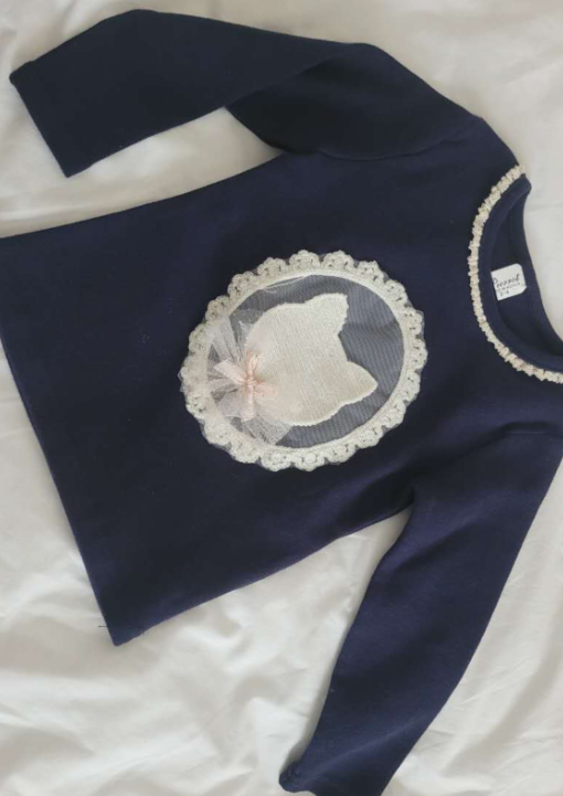 深藍色法式蕾絲邊小貓上衣