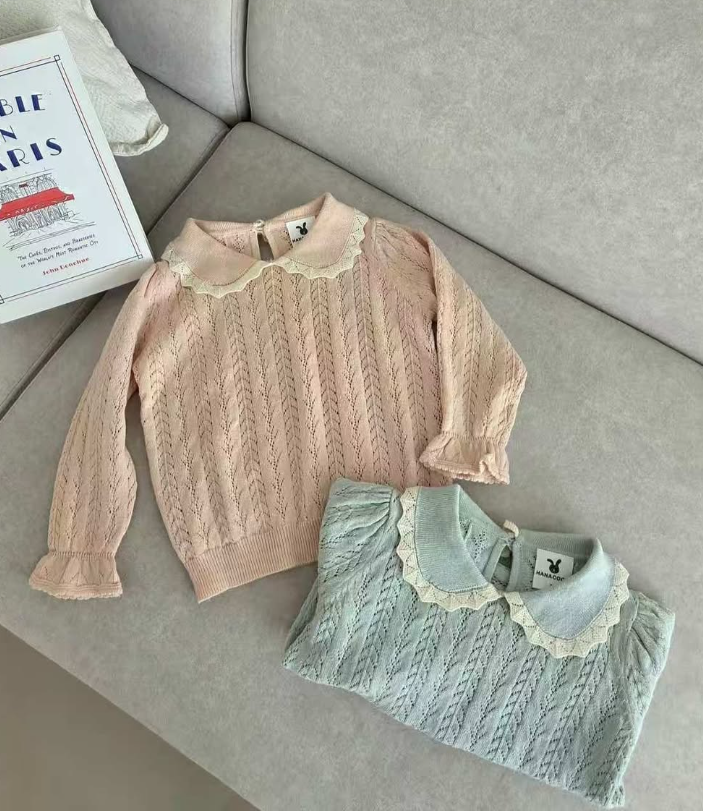 HCB10T096PK  HANA COCO-粉色蕾絲花邊領鏤空針織衫