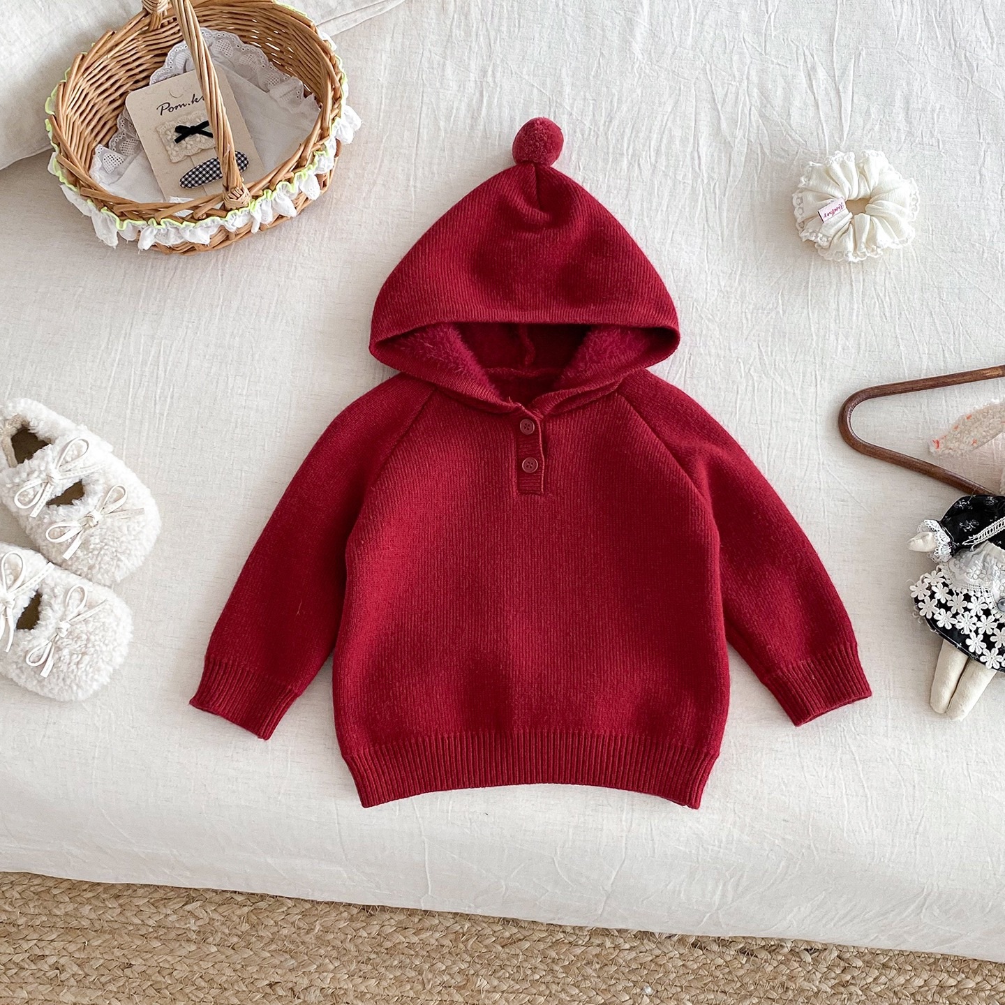 四色加絨加厚雪球連帽上衣