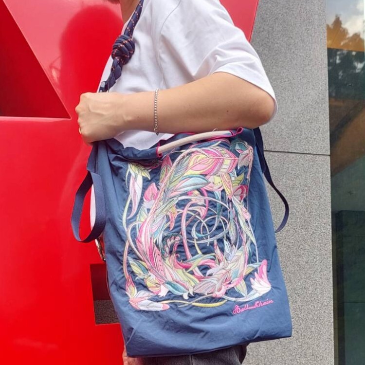 Ball＆Chain 刺繡環保購物袋 M號 - 藍 (30106432)