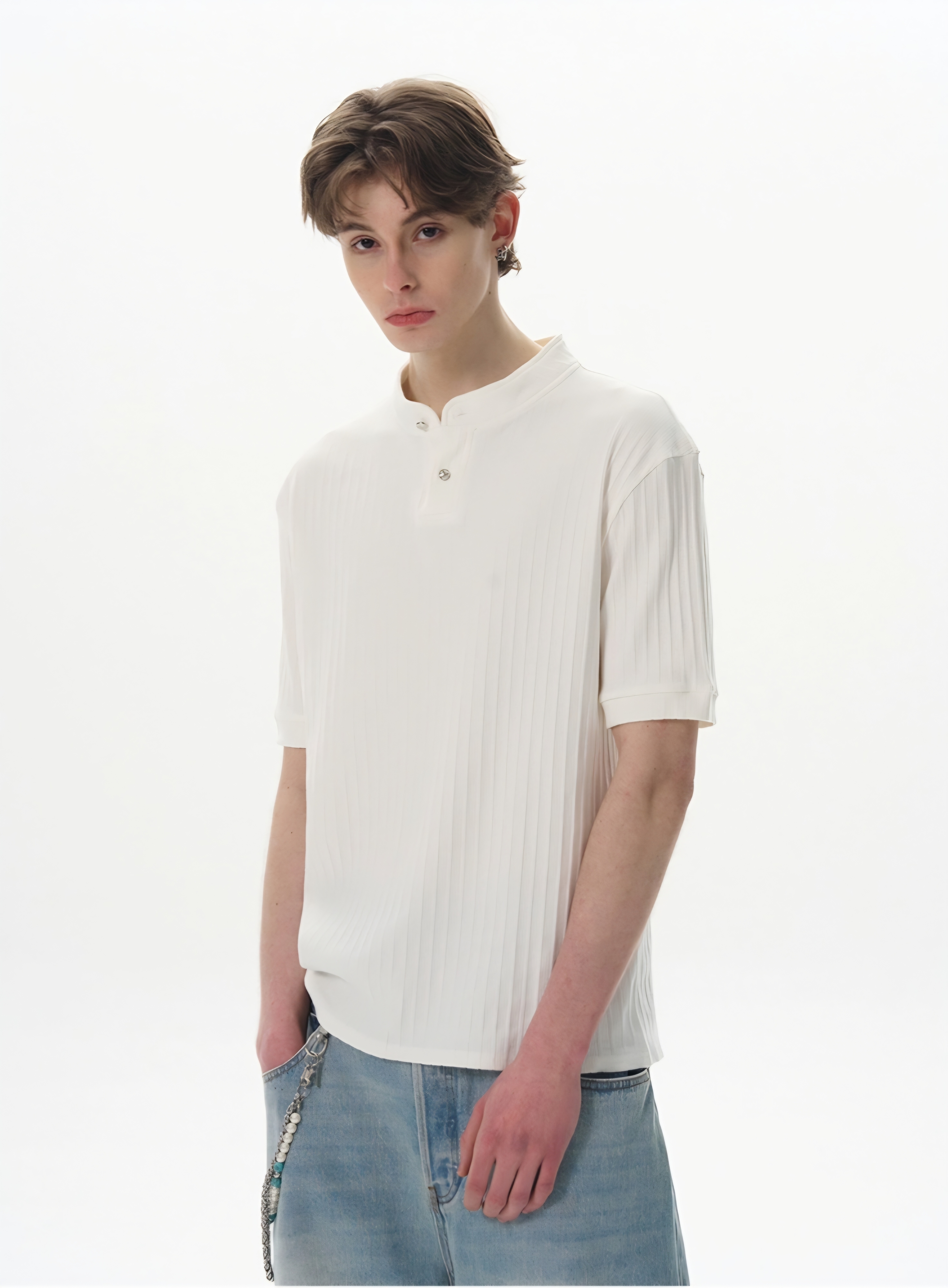 004. Ribbed Mandarin Collar Polo Shirt