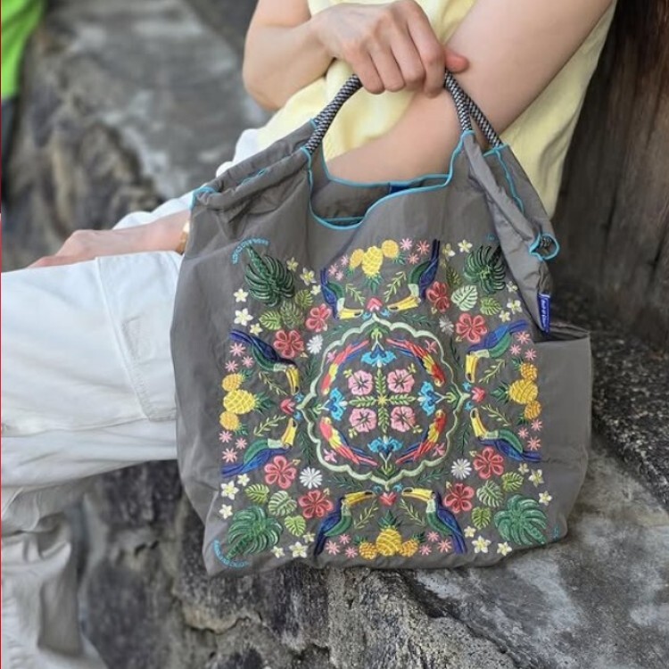 Ball＆Chain 刺繡環保購物袋 M號 - 灰 (30106285)