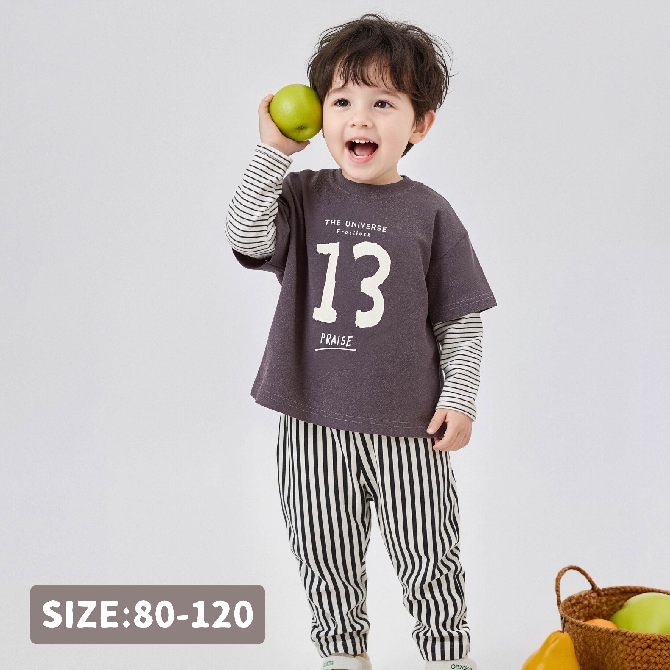 【H55655】數字13條紋拼接假兩件上衣