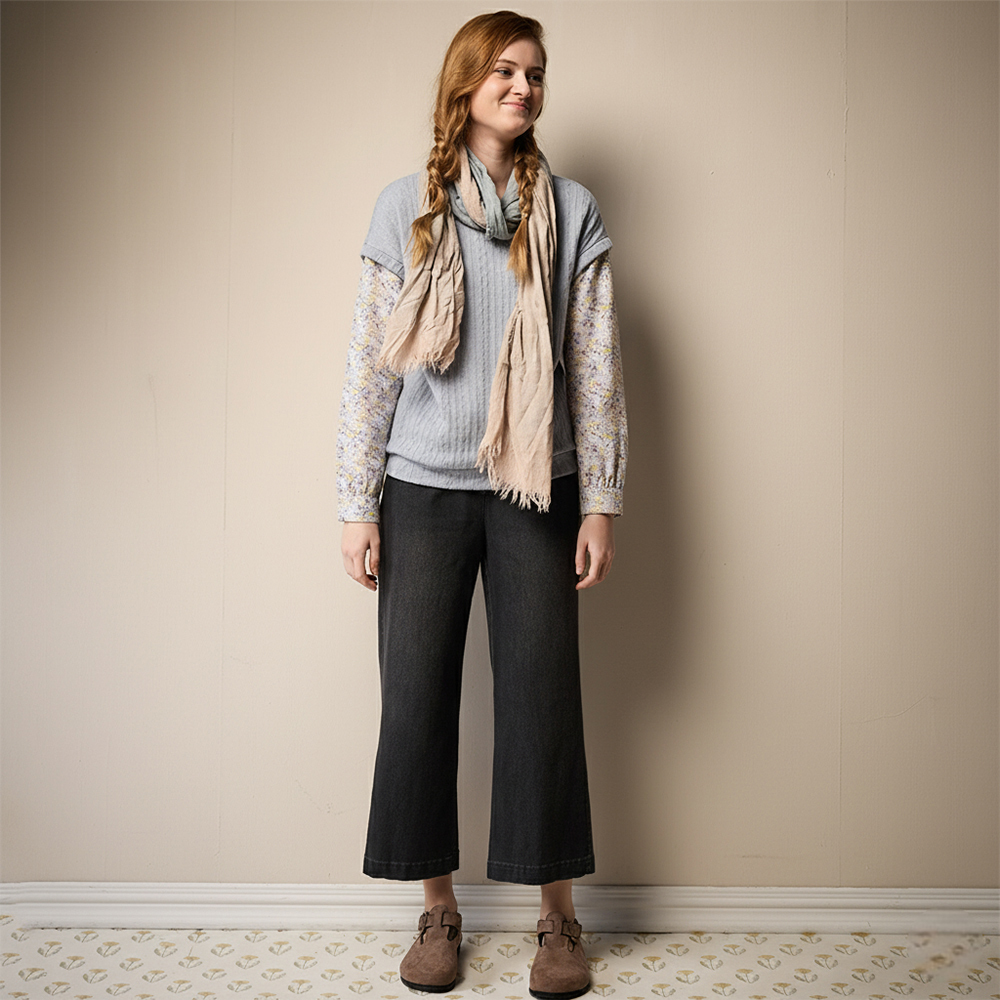 PIPPY 典雅剪接印花假兩件圓領長袖上衣 藍