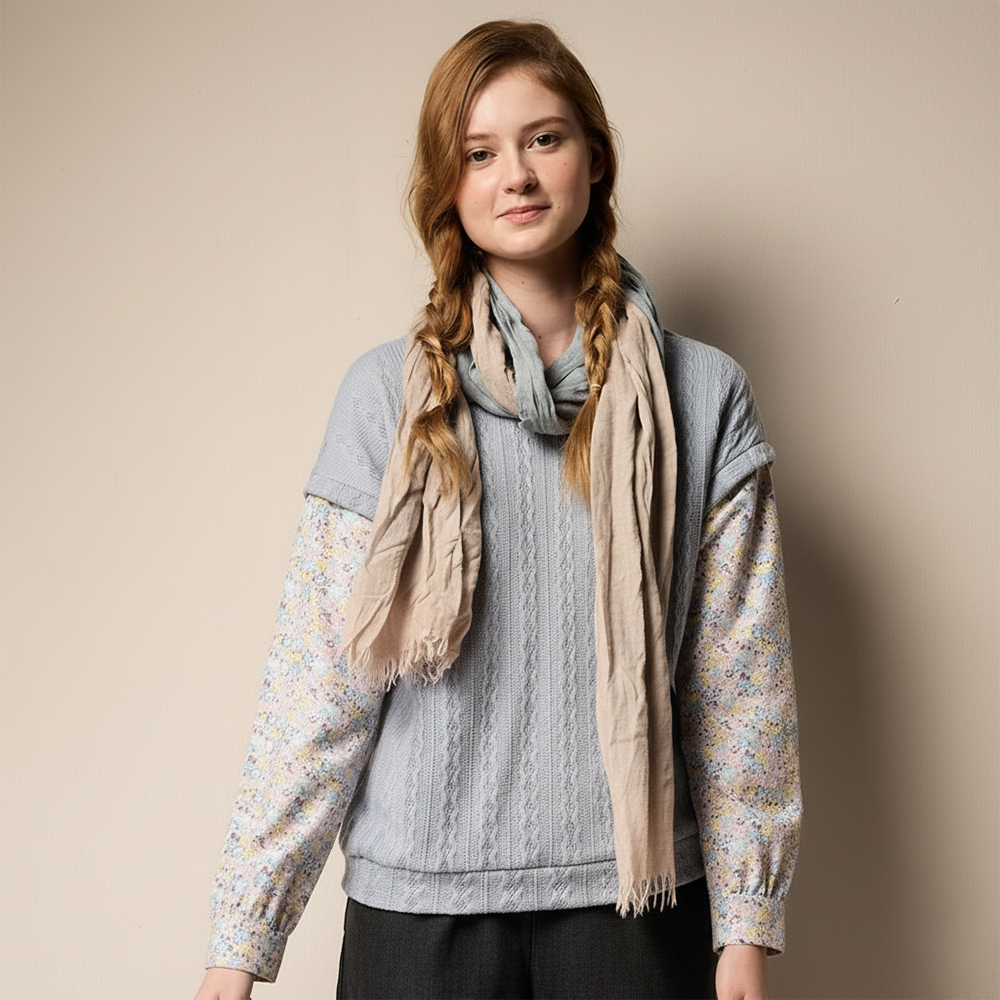 PIPPY 典雅剪接印花假兩件圓領長袖上衣 藍