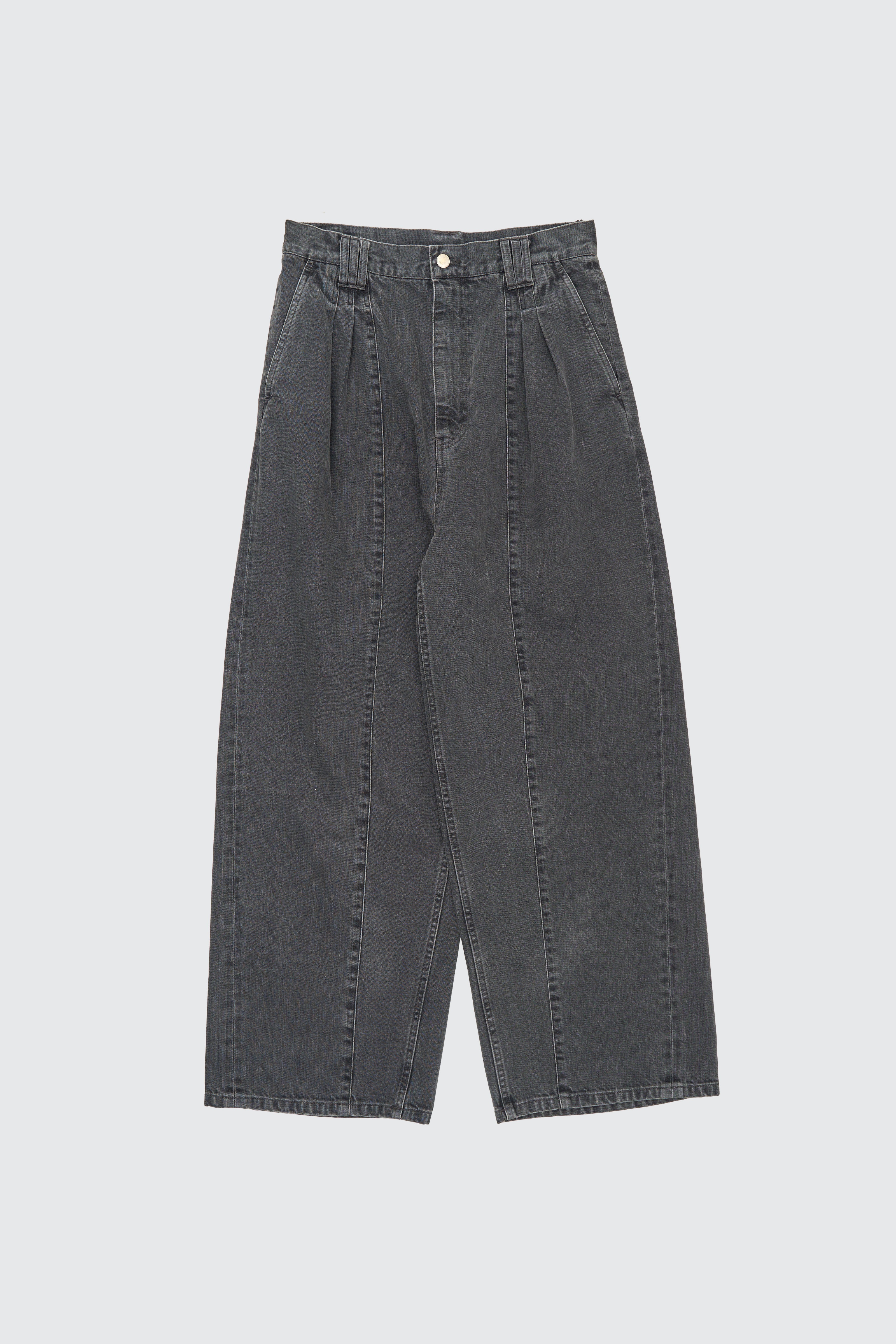 YOKE VINTAGED WASH DENIM 3PLEATED WIDE-LEG TROUSERS (2COL)