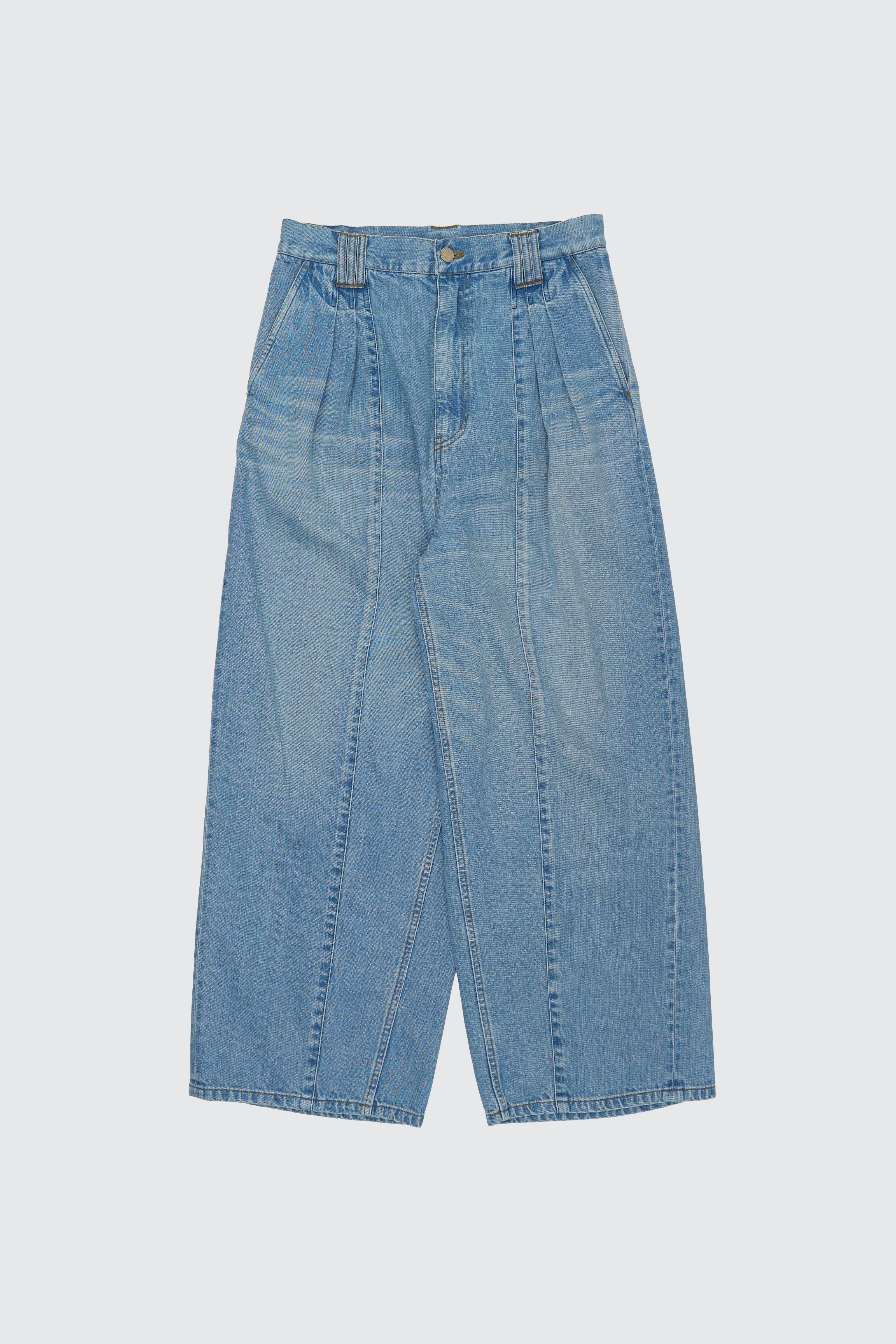 YOKE VINTAGED WASH DENIM 3PLEATED WIDE-LEG TROUSERS (2COL)
