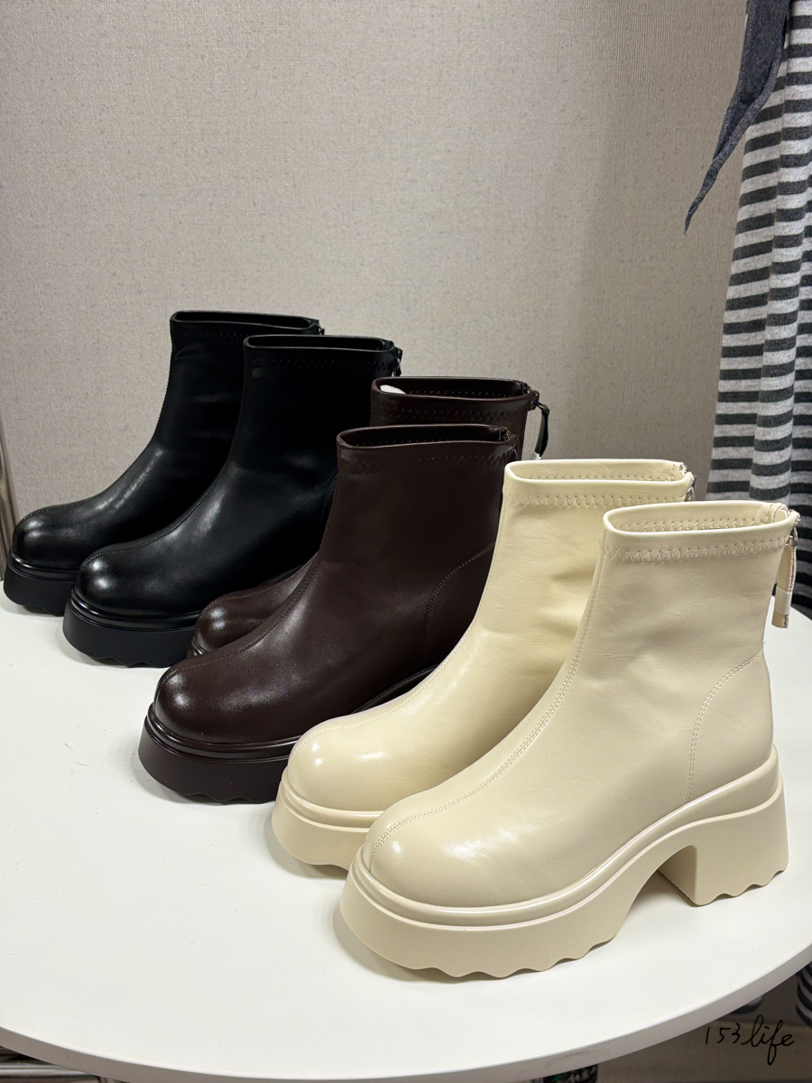 7cm氣質圓鼻頭厚底短靴(黑.棕.米)(22.5-24.5)
