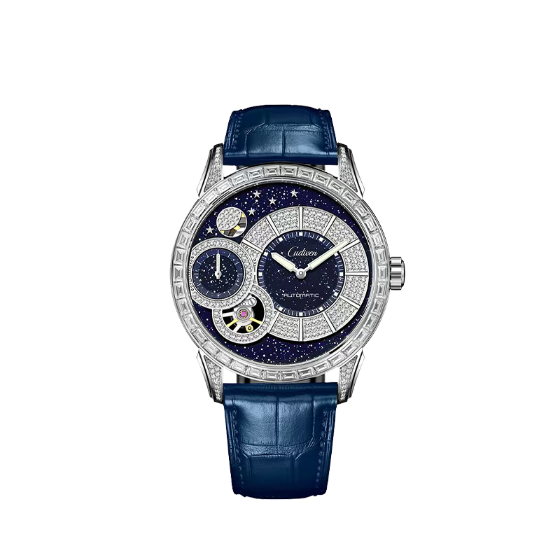 【Cudiven卡地文】浩瀚星空系列 C906 鏤空 晶鑽 夜光 真皮 動力儲存36小時 機械 手錶