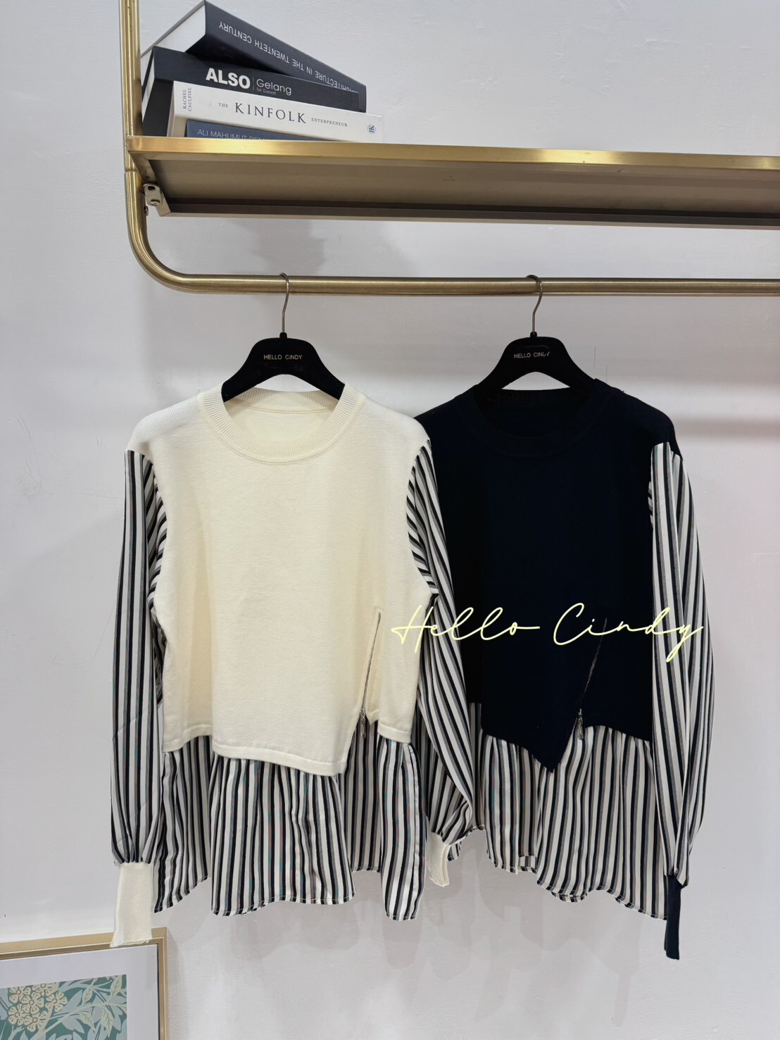 B10123 超顯瘦假兩件下拉鍊針織條紋拼接襯衫