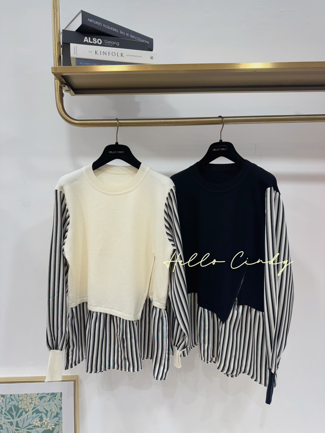 B10123 超顯瘦假兩件下拉鍊針織條紋拼接襯衫