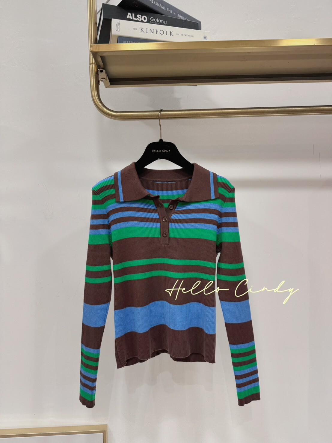 B10136 韓國同款復古配色條紋合身感有領針織上衣