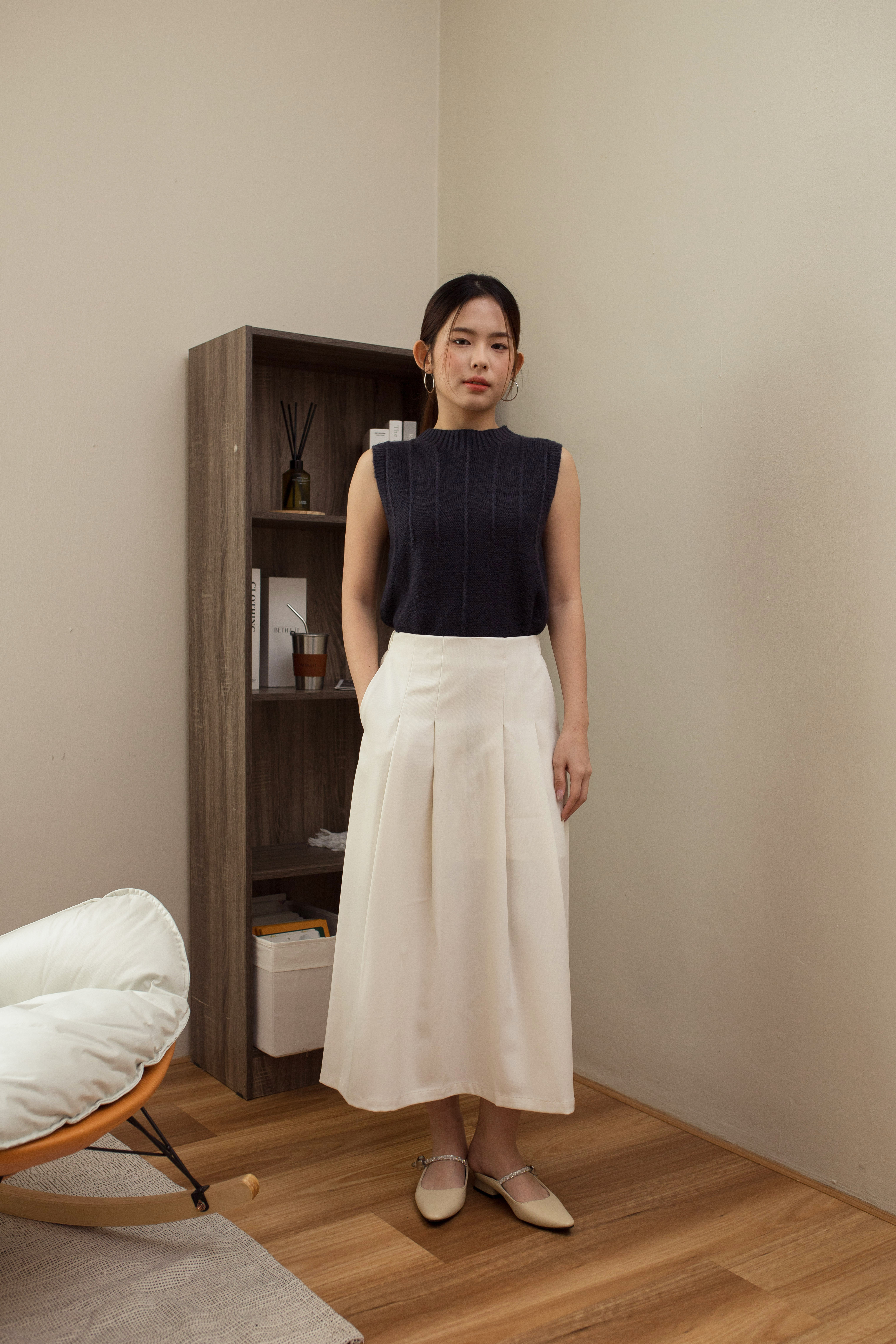 Laven Pleated Midi Skirt Beige-2541SKBEI