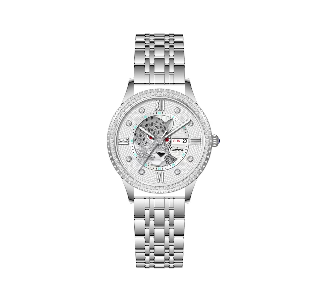 【Cudiven卡地文】獵豹系列 E300 鏤空 晶鑽 夜光 帶日期星期 不鏽鋼 機械 手錶