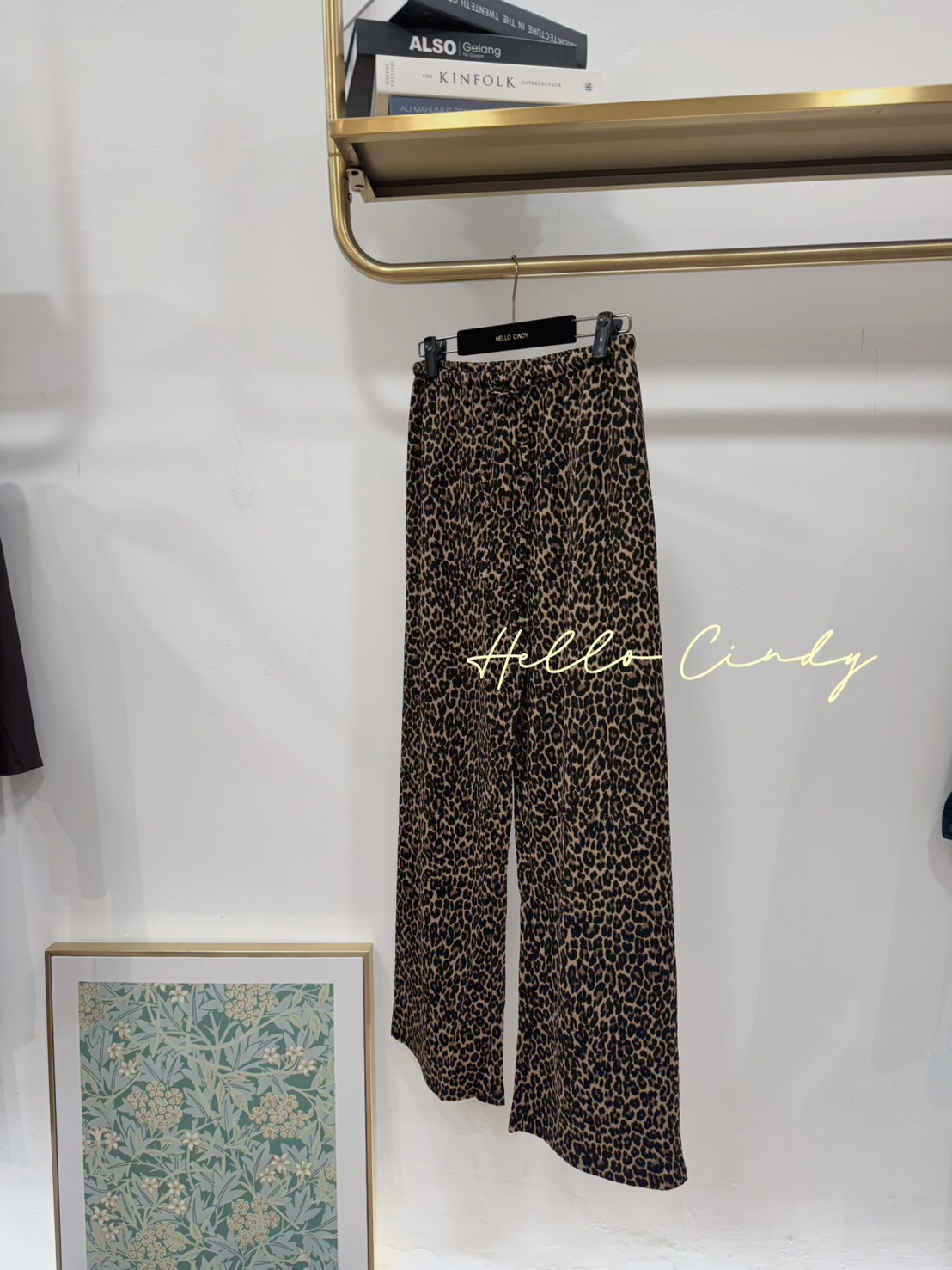 B10141 超級瘦的深色豹紋壓摺綁帶寬褲