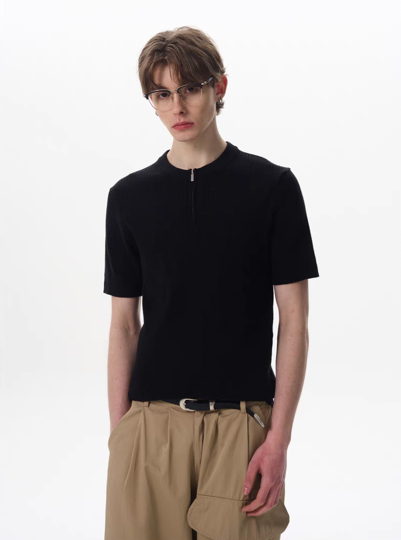 013. Zipper Ribbed Knit Polo Shirt
