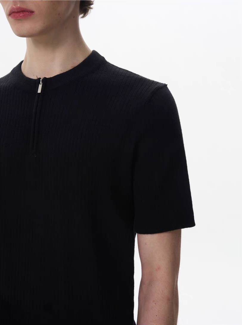 013. Zipper Ribbed Knit Polo Shirt
