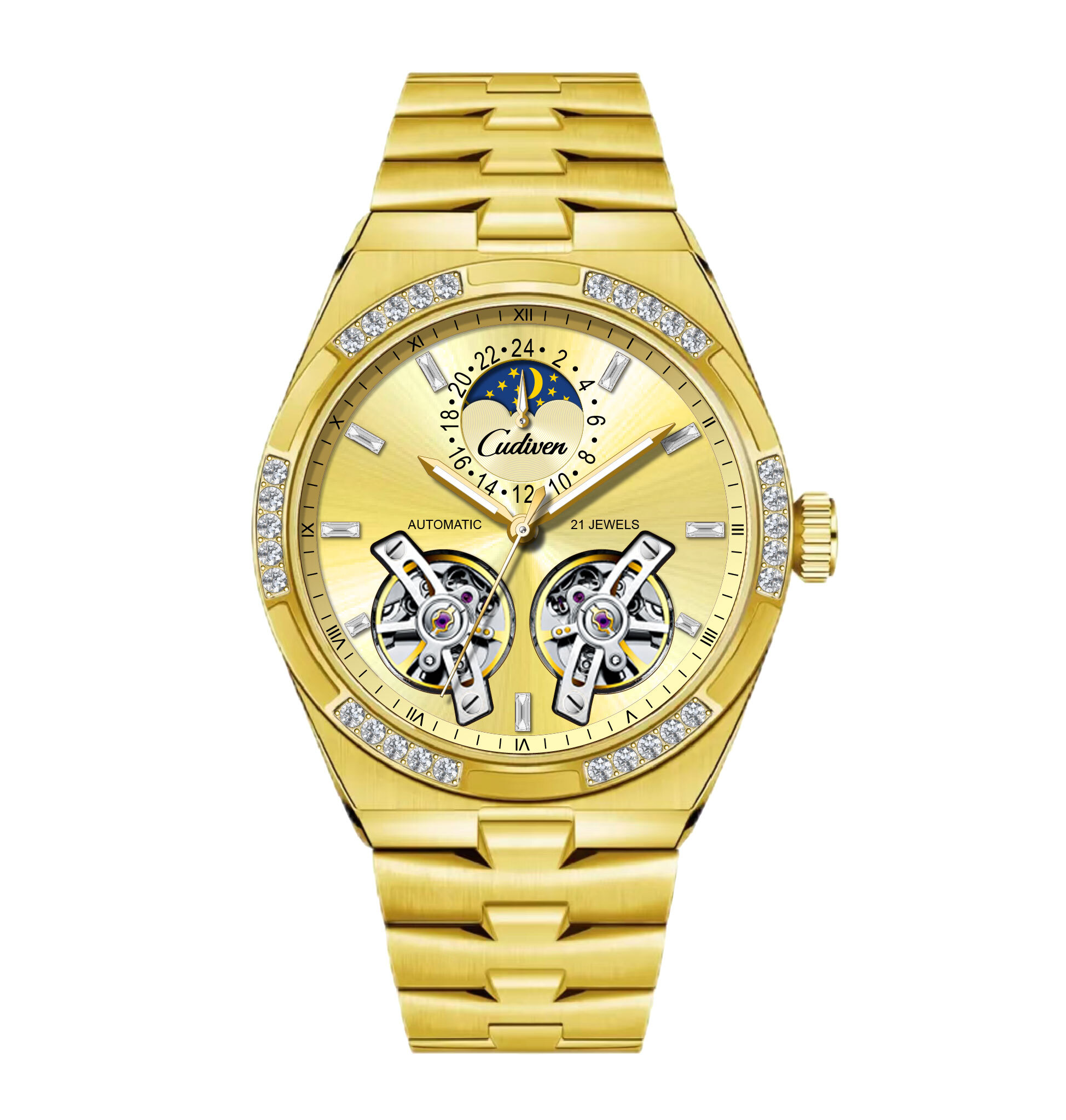 【Cudiven卡地文】縱橫四海-時空之翼系列 鏤空 表面黃金 夜光 24小時顯示 不鏽鋼 機械 手錶