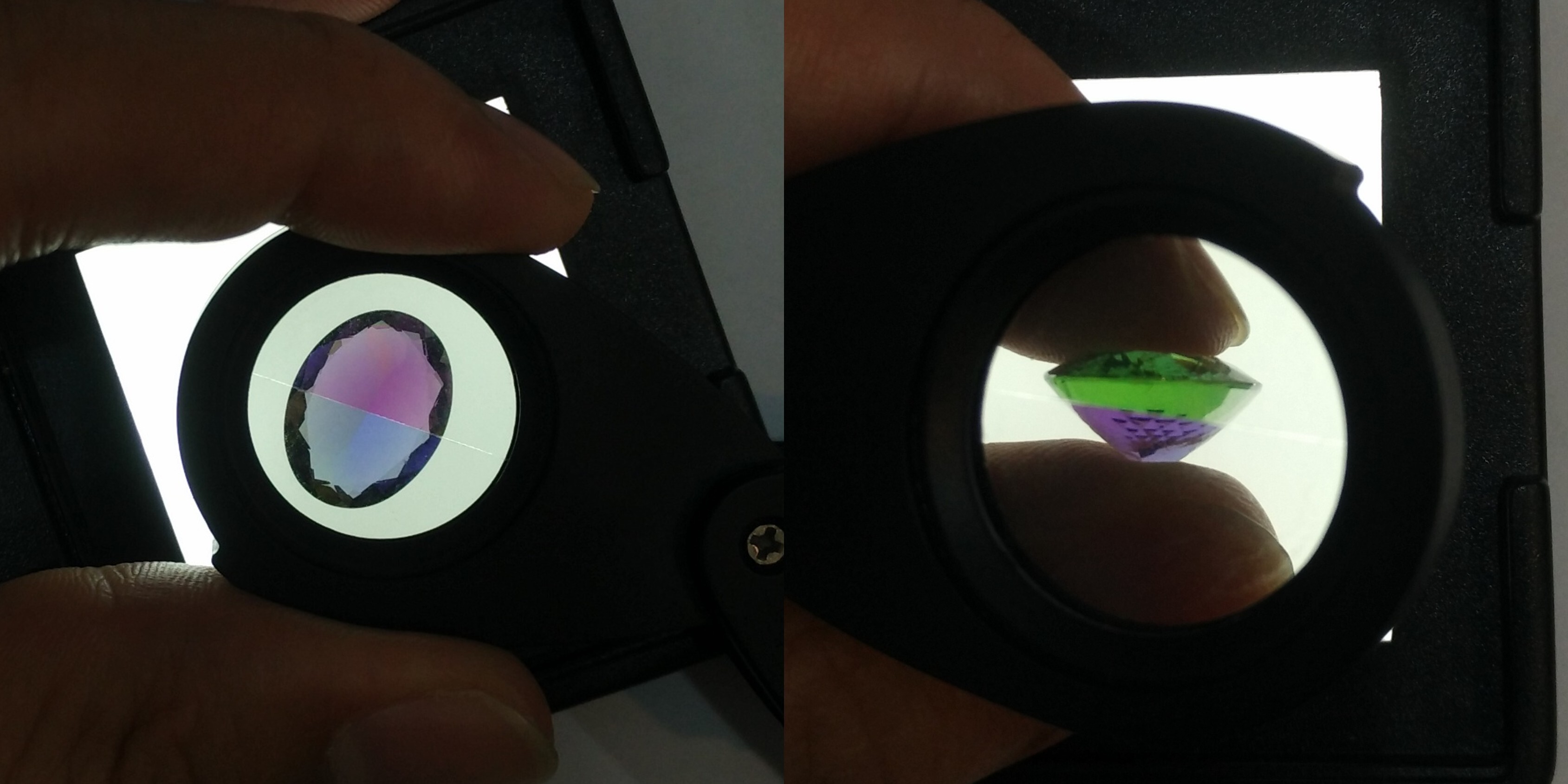 Tanzanite gemstone observed through a dichroscope, showing trichroism with distinct blue, violet, and yellow-green colors from different viewing angles.