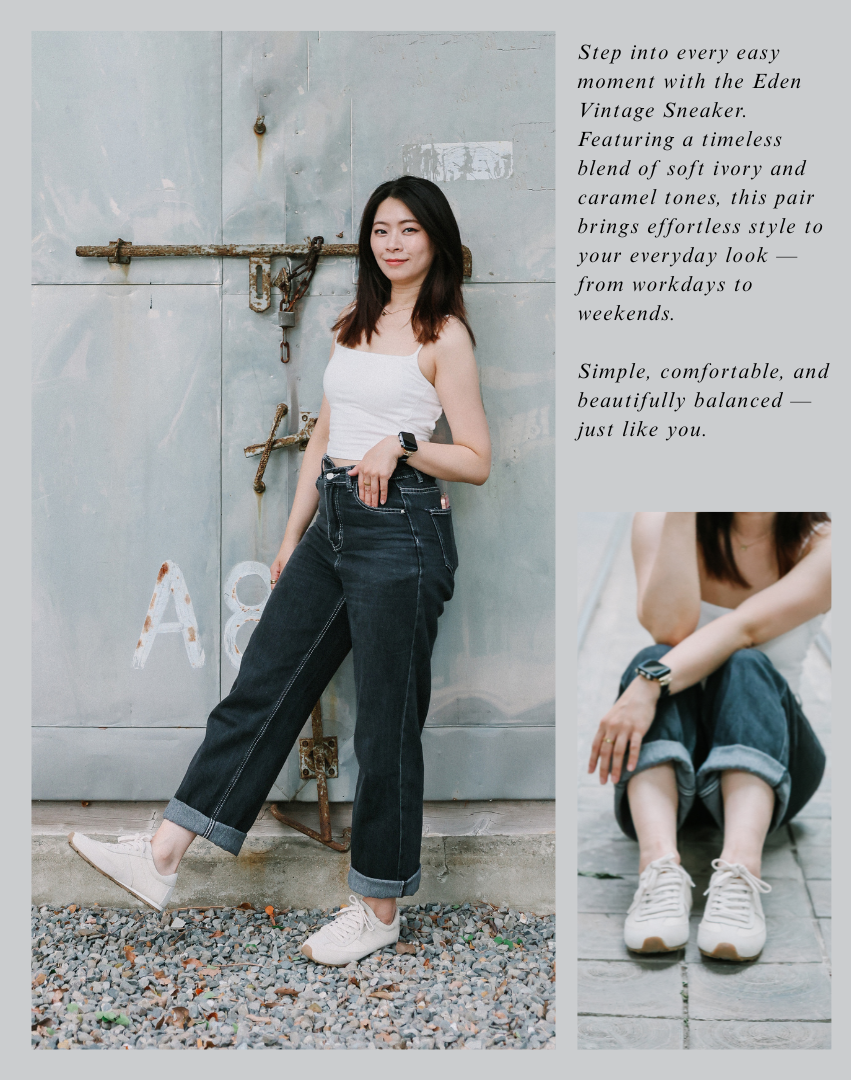 Sanly Joy 伊登復古休閒鞋燕麥奶霜色形象照。模特身穿白色背心與深灰牛仔褲，搭配奶霜色復古鞋款，展現輕鬆自在的日常穿搭風格。