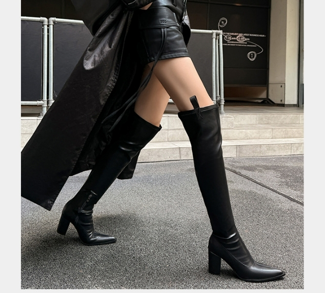 超顯瘦! 粗跟膝上靴(35-40)(麂皮茶/黑)