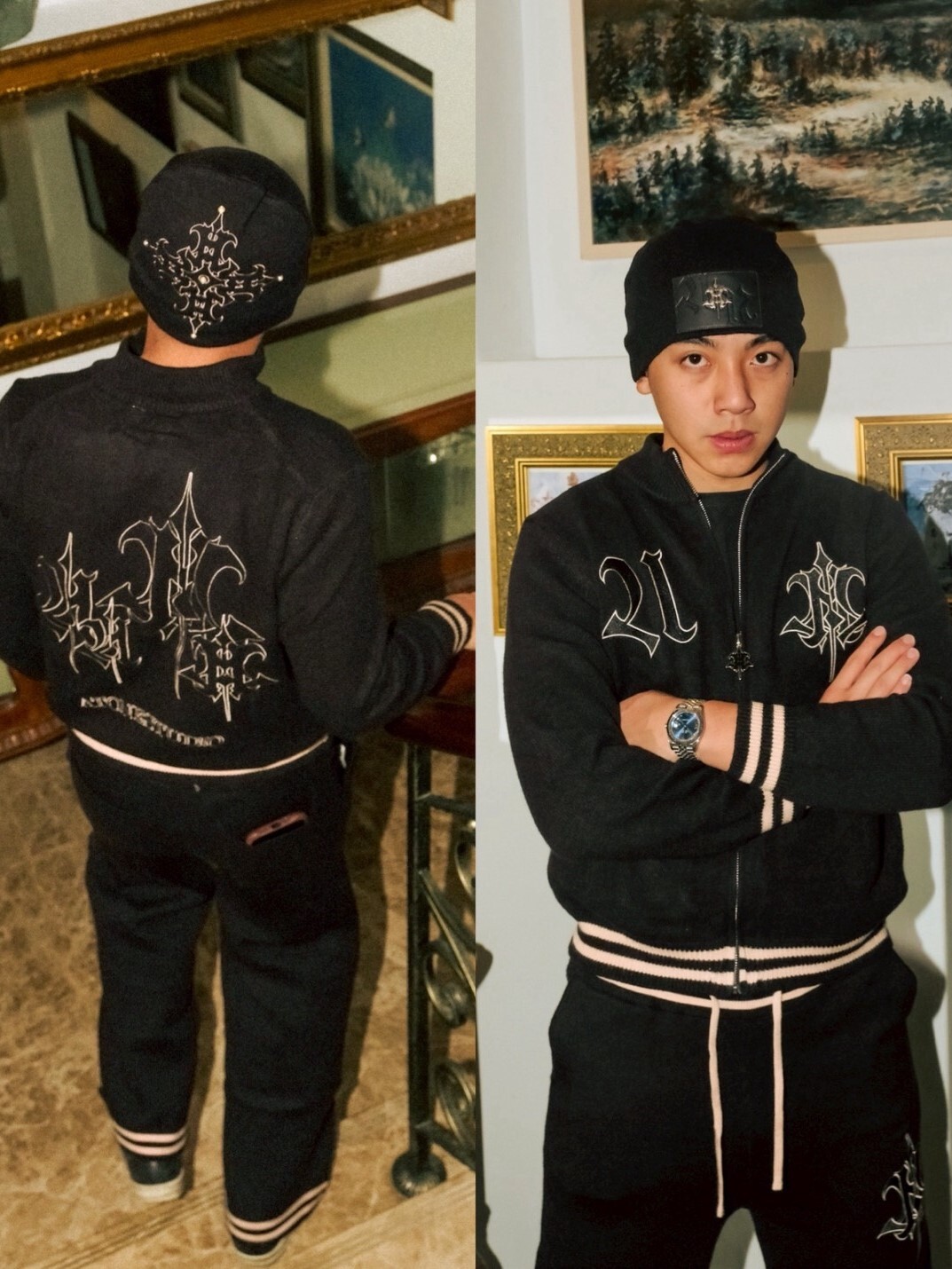 ATONE STUDIO 雙面戴 金屬Logo皮標 珍珠十字花黑色毛帽  ATONE TWOWEAR BEANIE