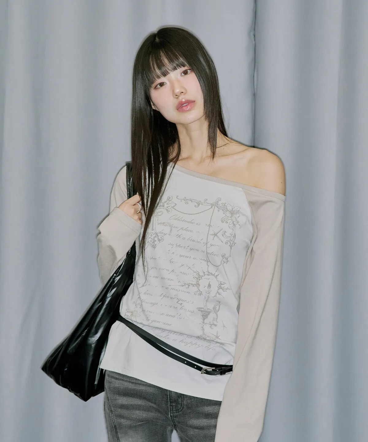 odd studio - cross ornament off shoulder raglan long sleeve (gray beige)