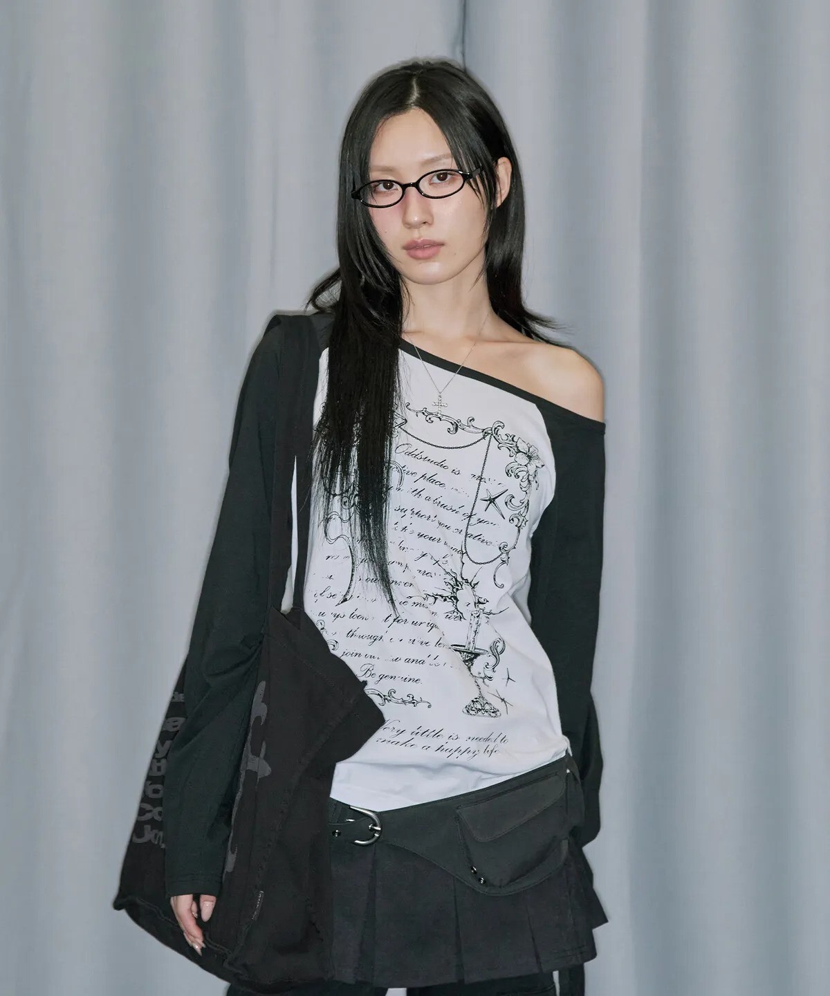 odd studio - cross ornament off shoulder raglan long sleeve (white)