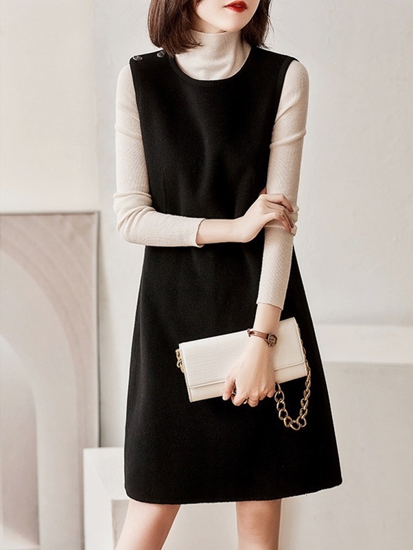 肩釦毛呢背心裙 黑色