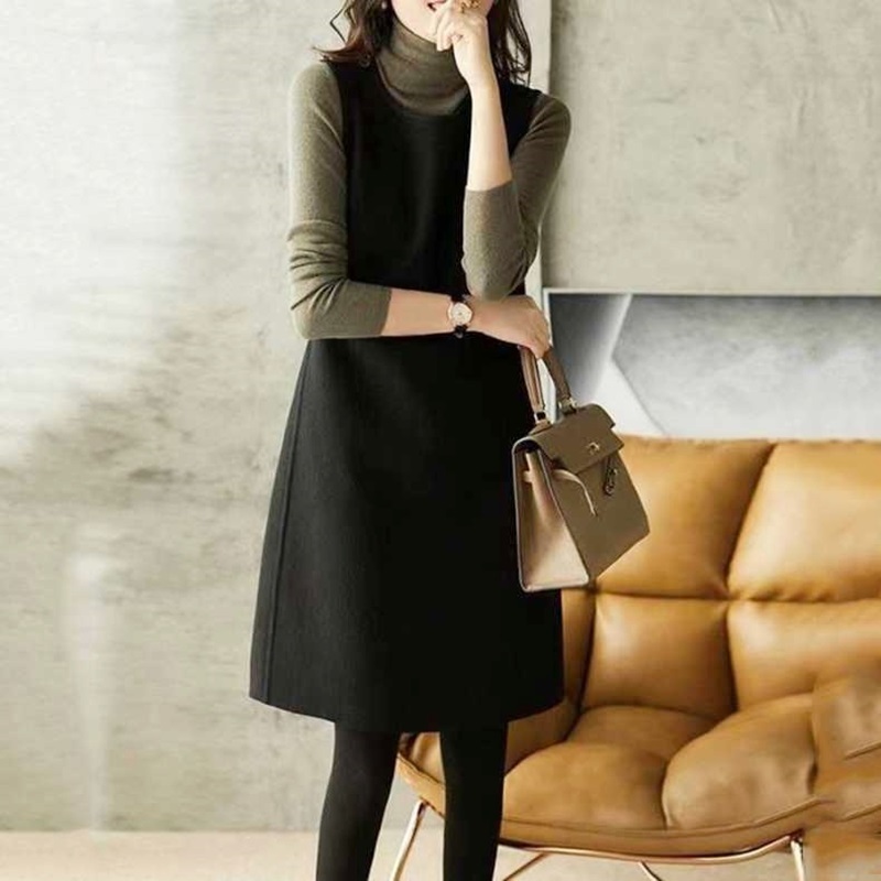 肩釦毛呢背心裙 黑色