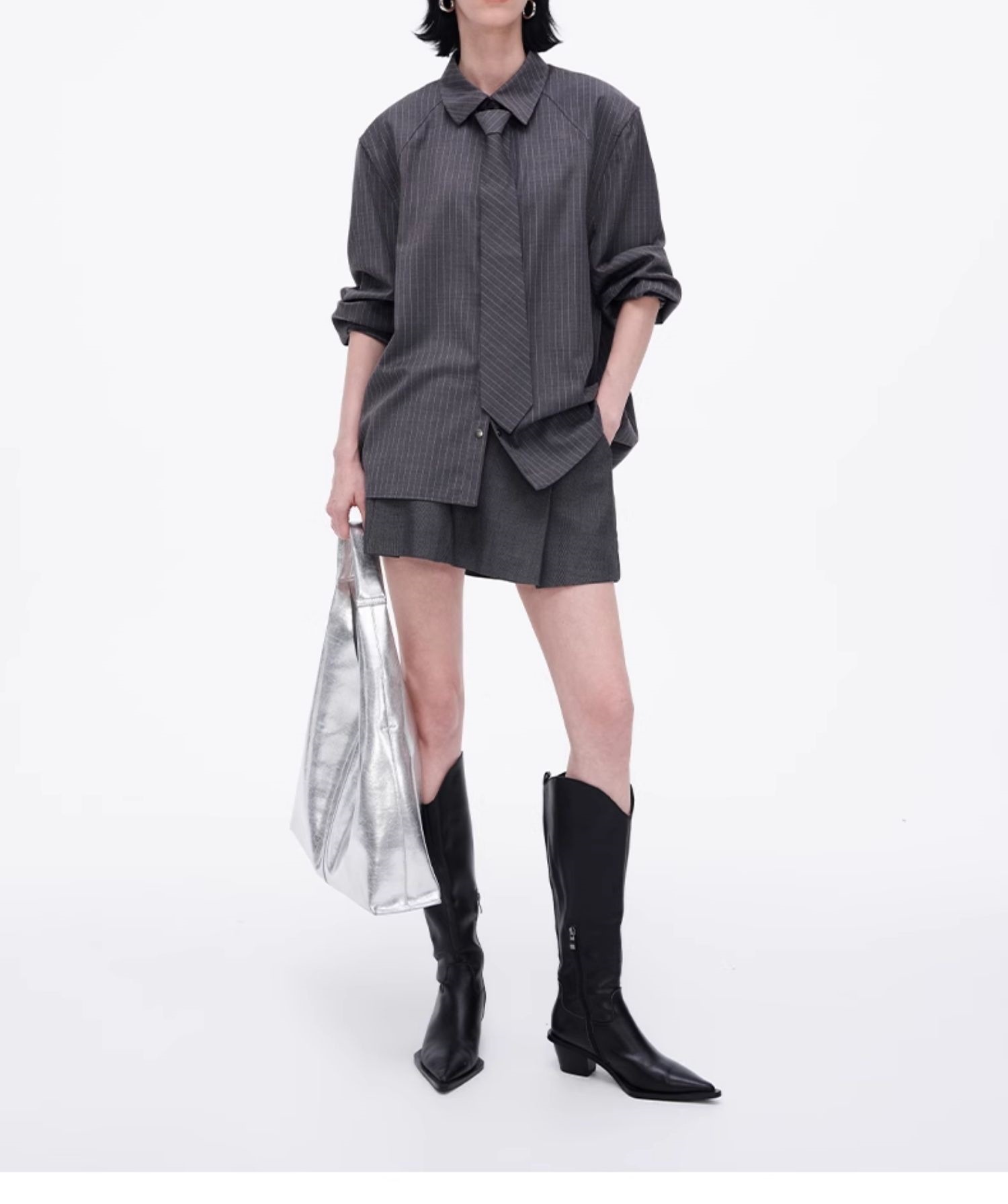 寬版條紋襯衫+領帶