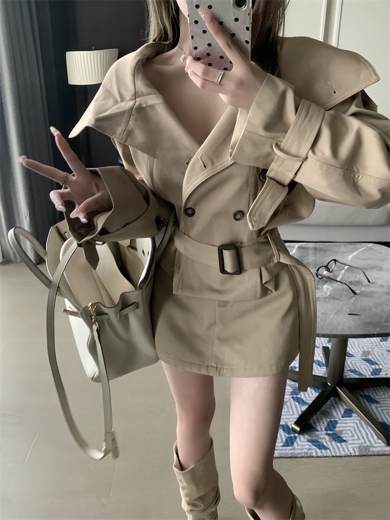 英倫大翻領風衣+高腰短裙(2件組)